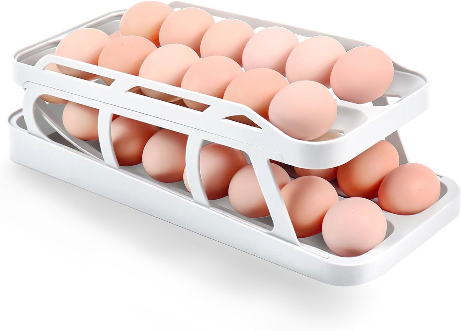 Egg Holder for Fridge Double Rows Egg Dispenser for Refrigerator Automatic Egg Roller Organizer 2 Tier Space-Saving Eggs Contain