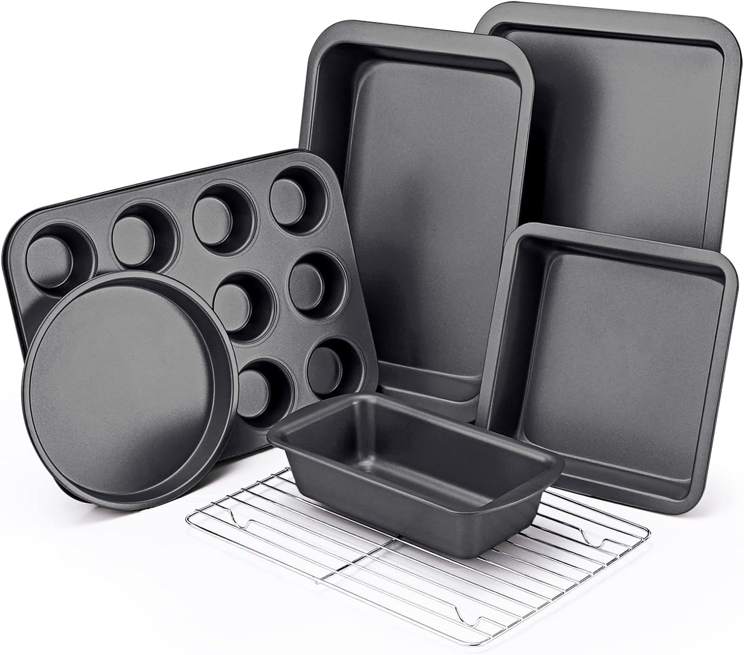 KITESSENSU Baking Pans Sets Nonstick Bakeware Sets 7-Piece with Round/Square Cake Pan Loaf Pan Muffin Pan Cookie Sheet Roast Pan