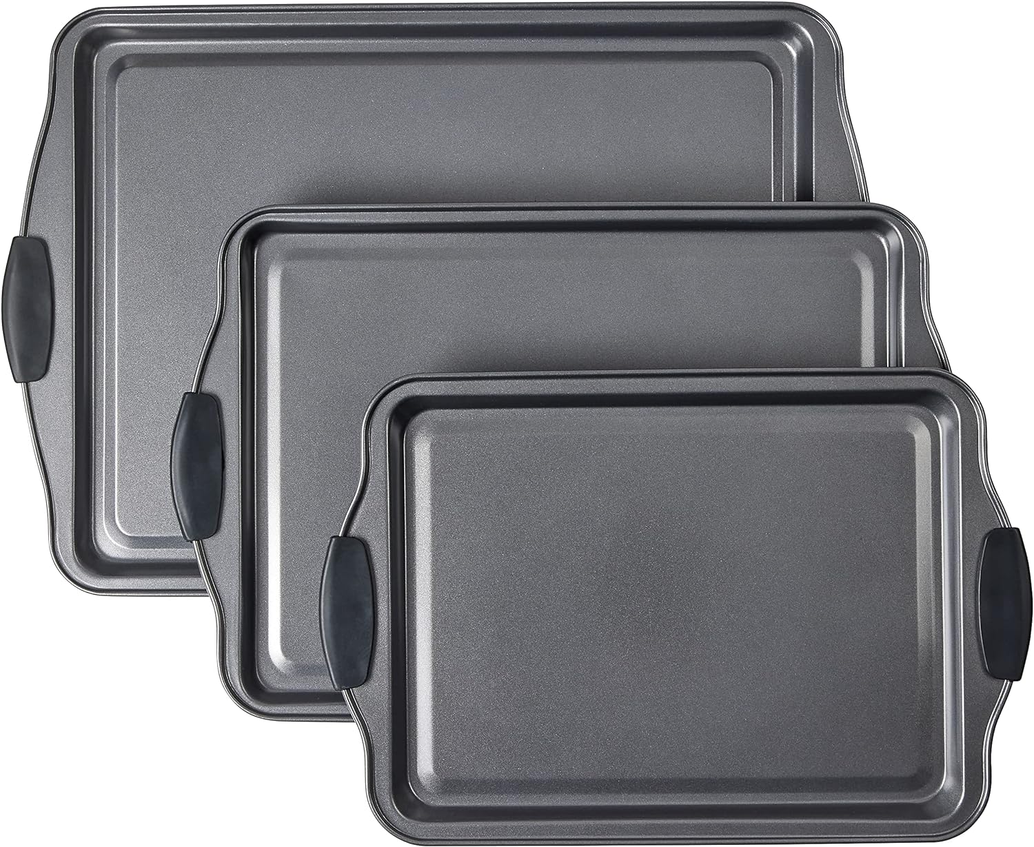 Non-Stick Baking Sheet Set 3 Pcs for Cookies & More Heavy-Duty Aluminum Baking Sheets with Black Silicone Handles Small Medium L