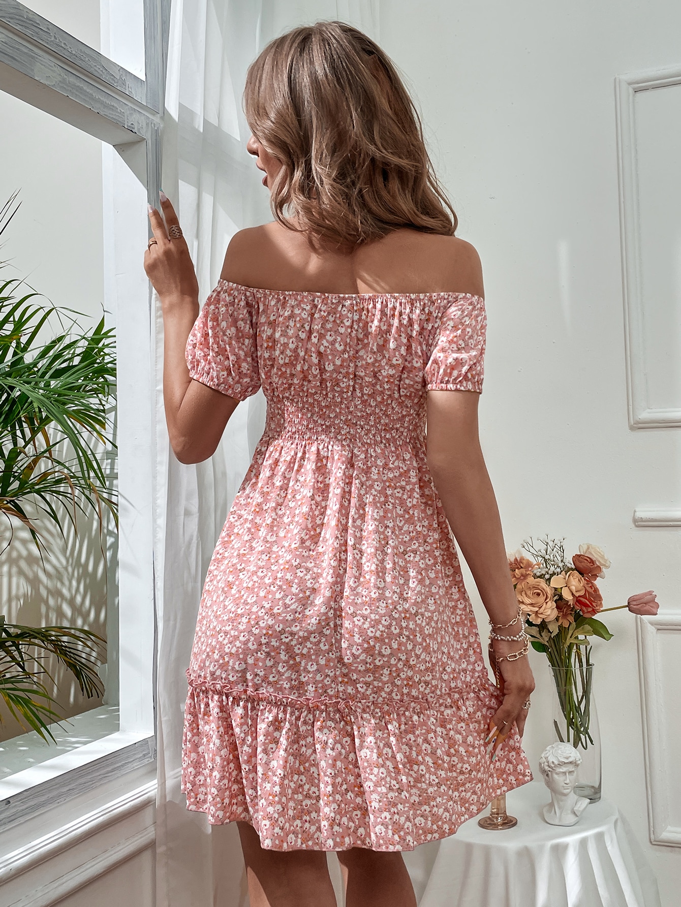 Ditsy Floral Off Shoulder Tie Front Ruffle Hem Dress