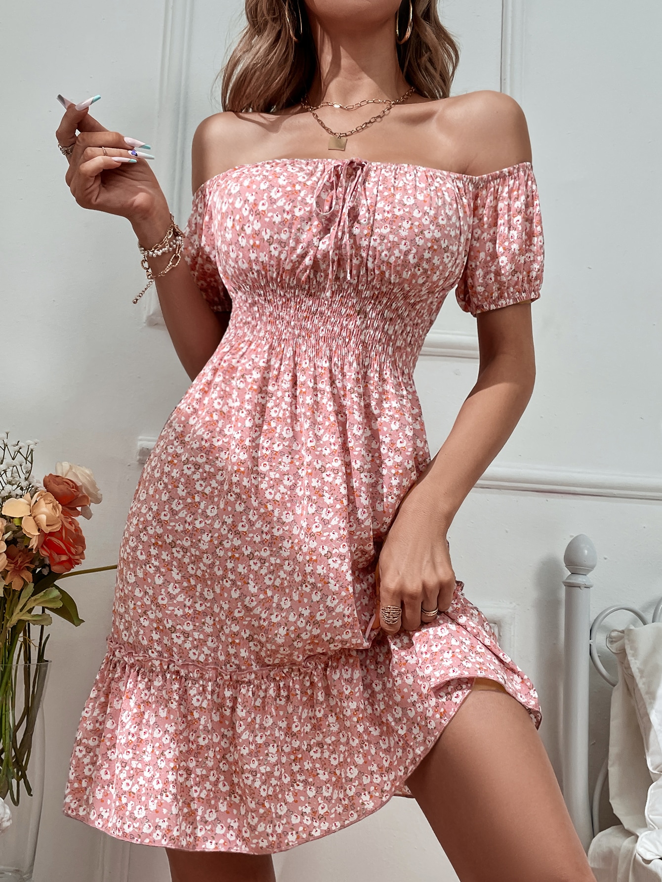 Ditsy Floral Off Shoulder Tie Front Ruffle Hem Dress