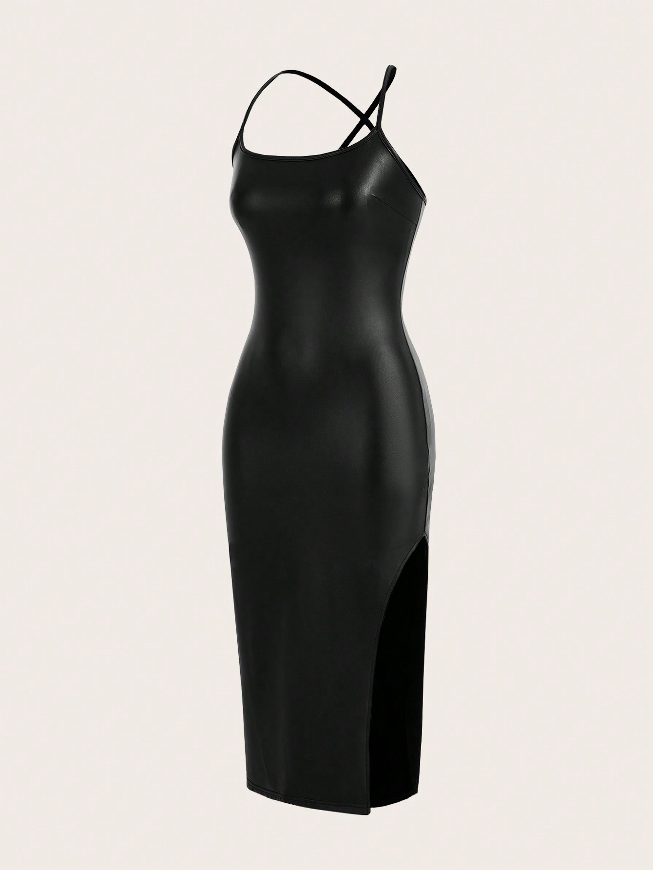 Slayr New Arrival Sexy Bodycon Halter Neck Pu Leather Back Tie High Slit Midi Dress For Music Festival