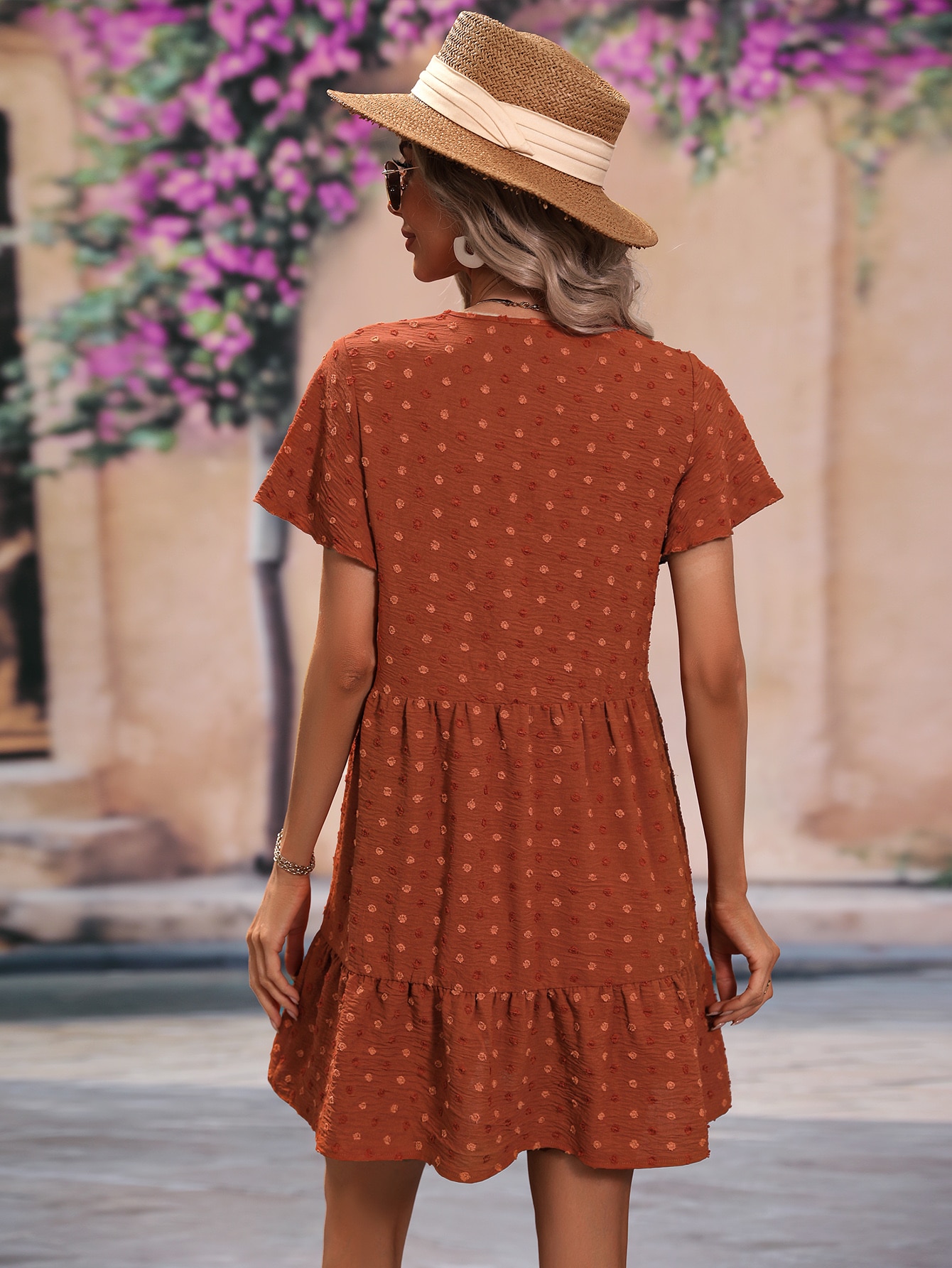 Swiss Dot Butterfly Sleeve Ruffle Hem Smock Dress