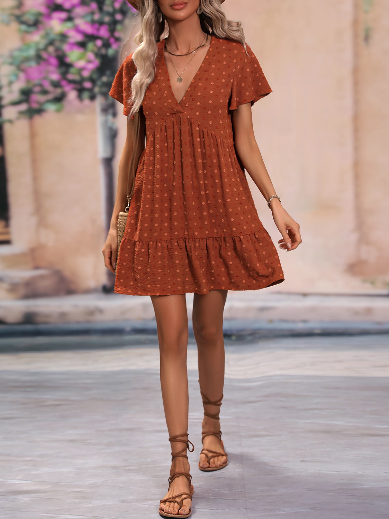 Swiss Dot Butterfly Sleeve Ruffle Hem Smock Dress