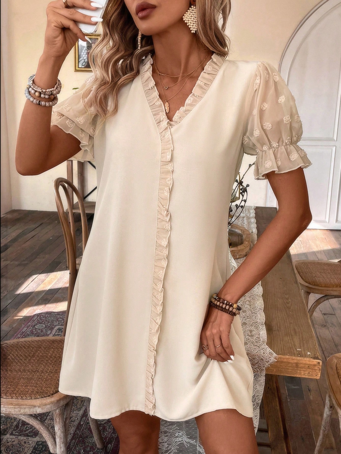 Women's Puff Sleeve Dress With Frill Hem