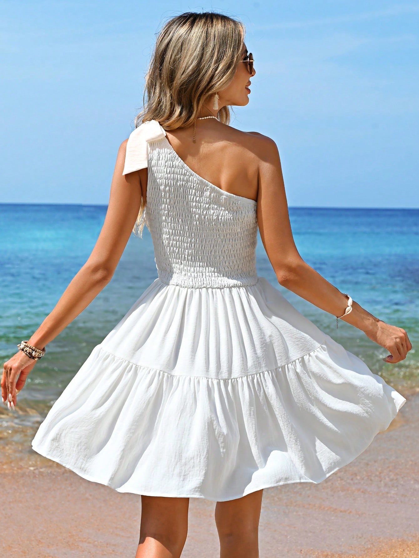 Vacation Summer Solid Color Woven Short One-Shoulder Dress For Women Wedding Dress