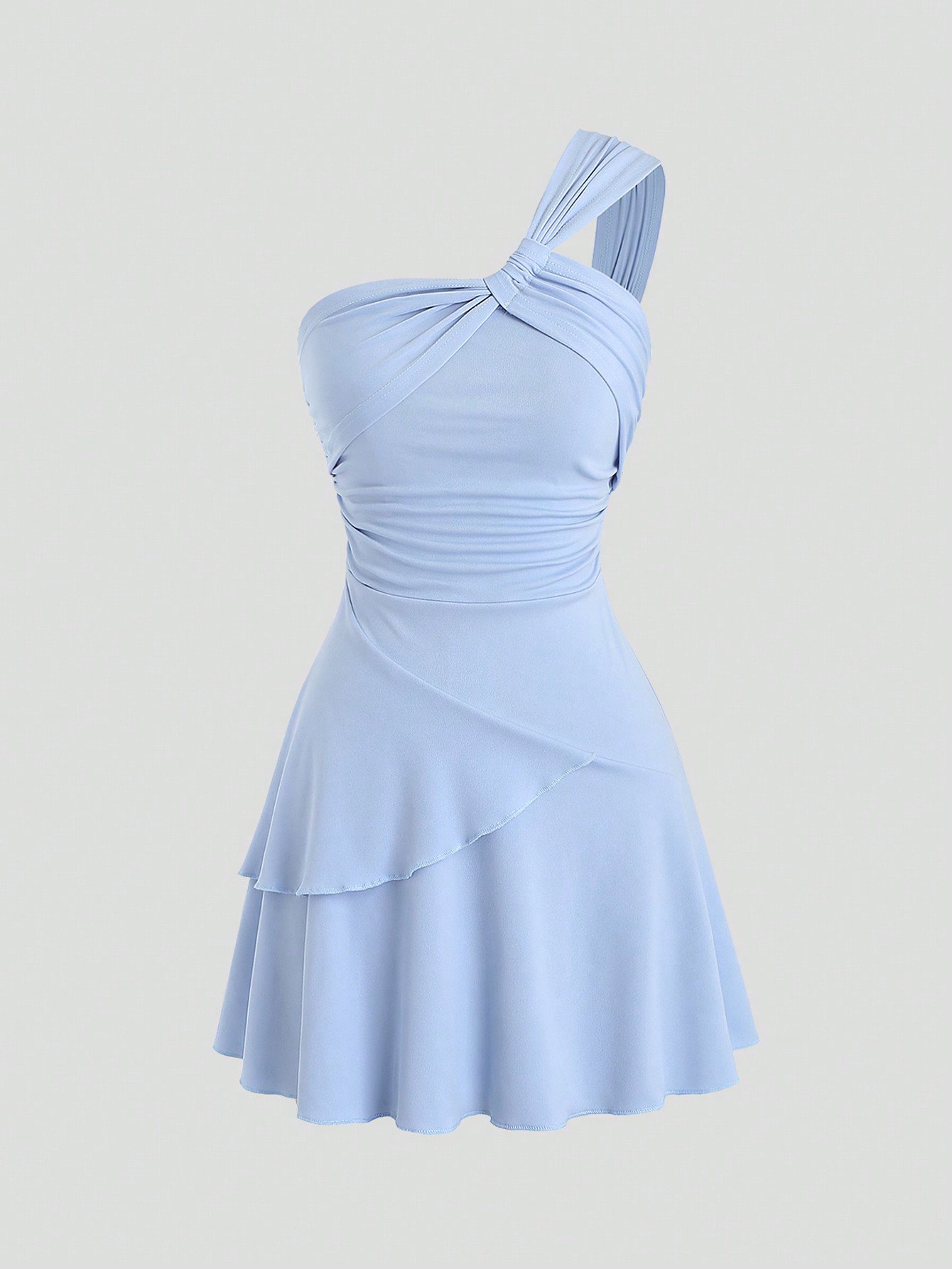 MOD Solid Color Asymmetrical Neckline Ruched Cinching Waist Dress