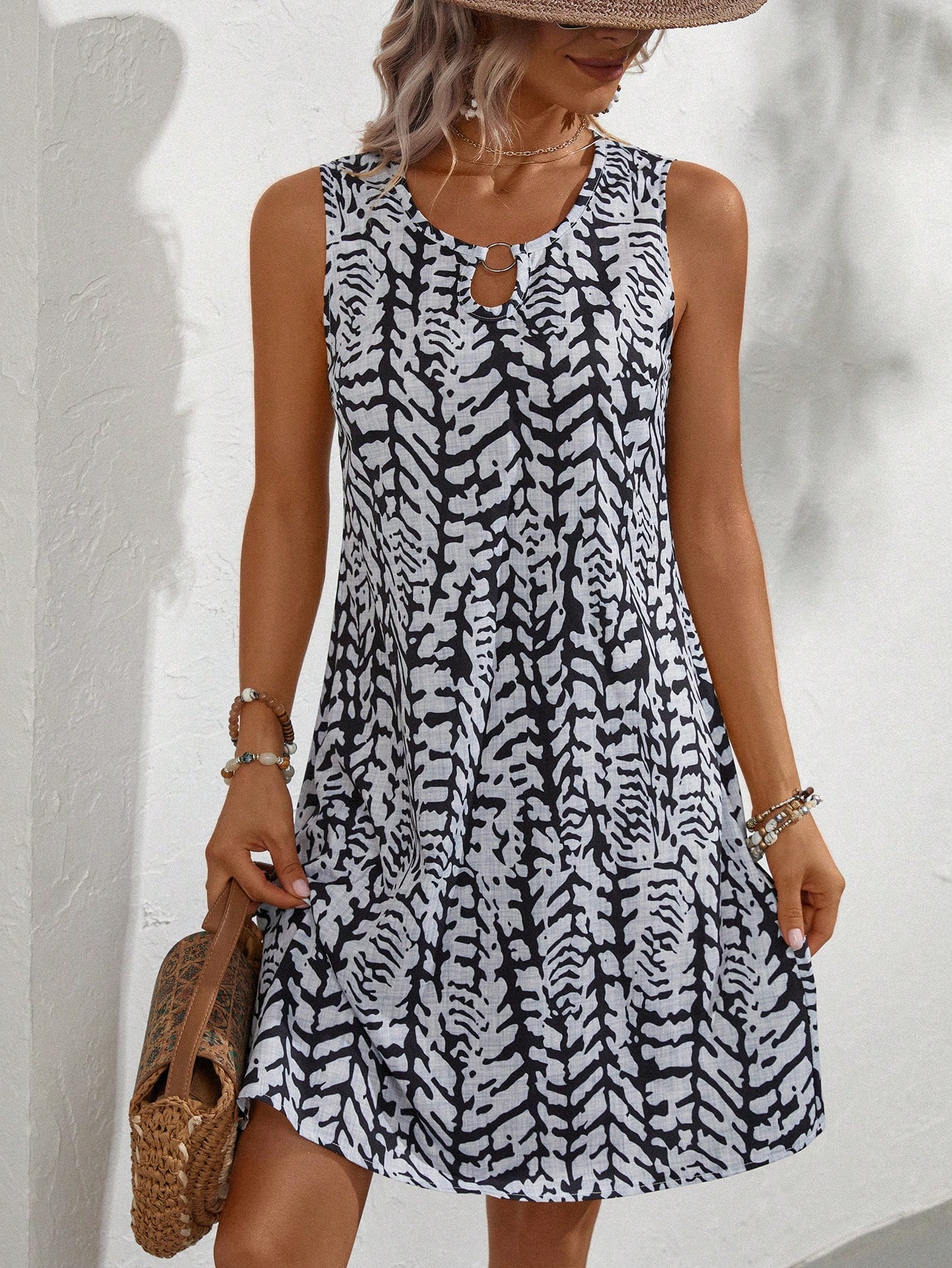 Allover Print Keyhole Neckline Dress