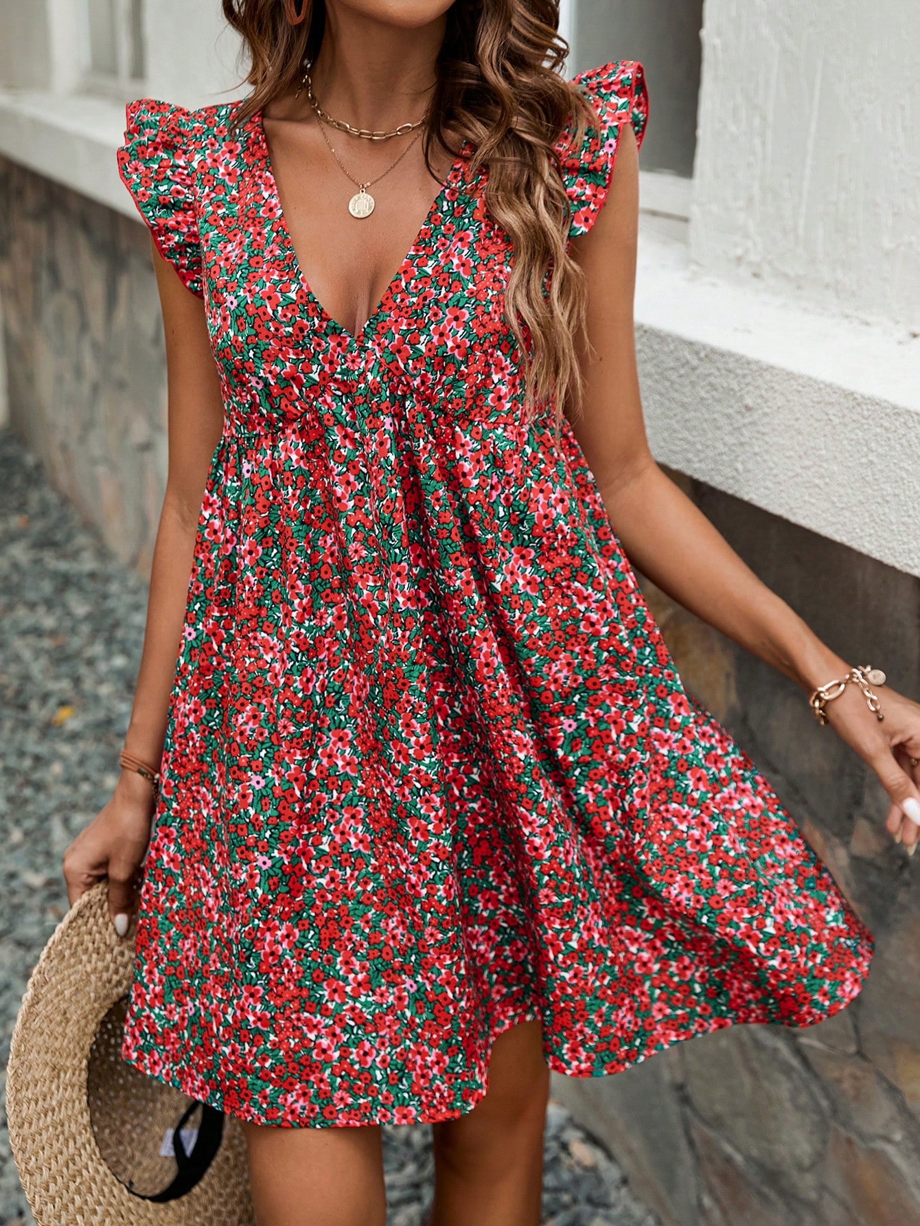 Small Floral Printed V-Neck Tiered Ruffle Trim Belted Dress Small Red Floral Summer Dress With Small Flying Sleeves Sundress