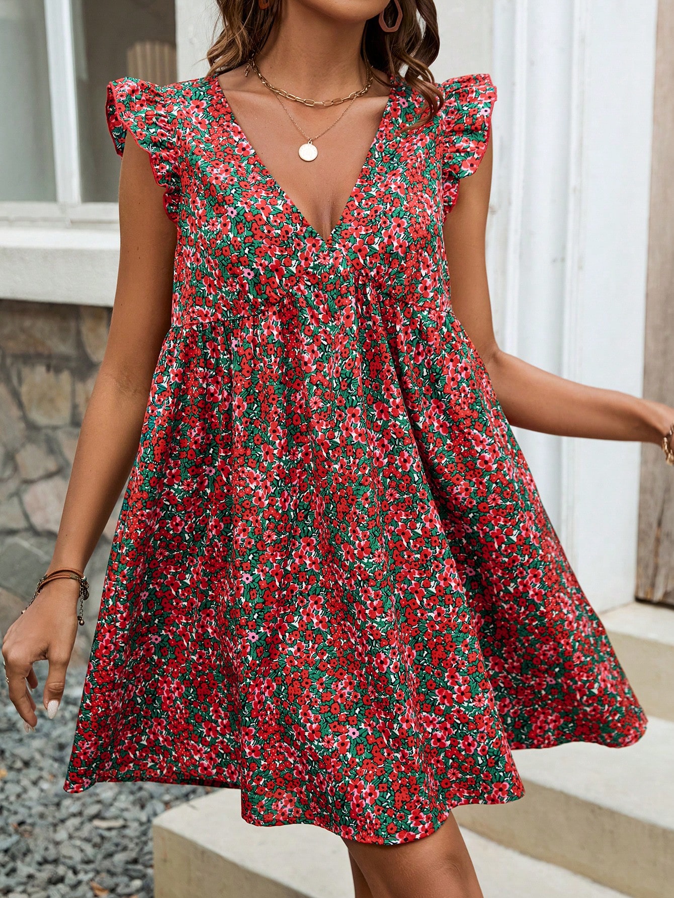 Small Floral Printed V-Neck Tiered Ruffle Trim Belted Dress Small Red Floral Summer Dress With Small Flying Sleeves Sundress