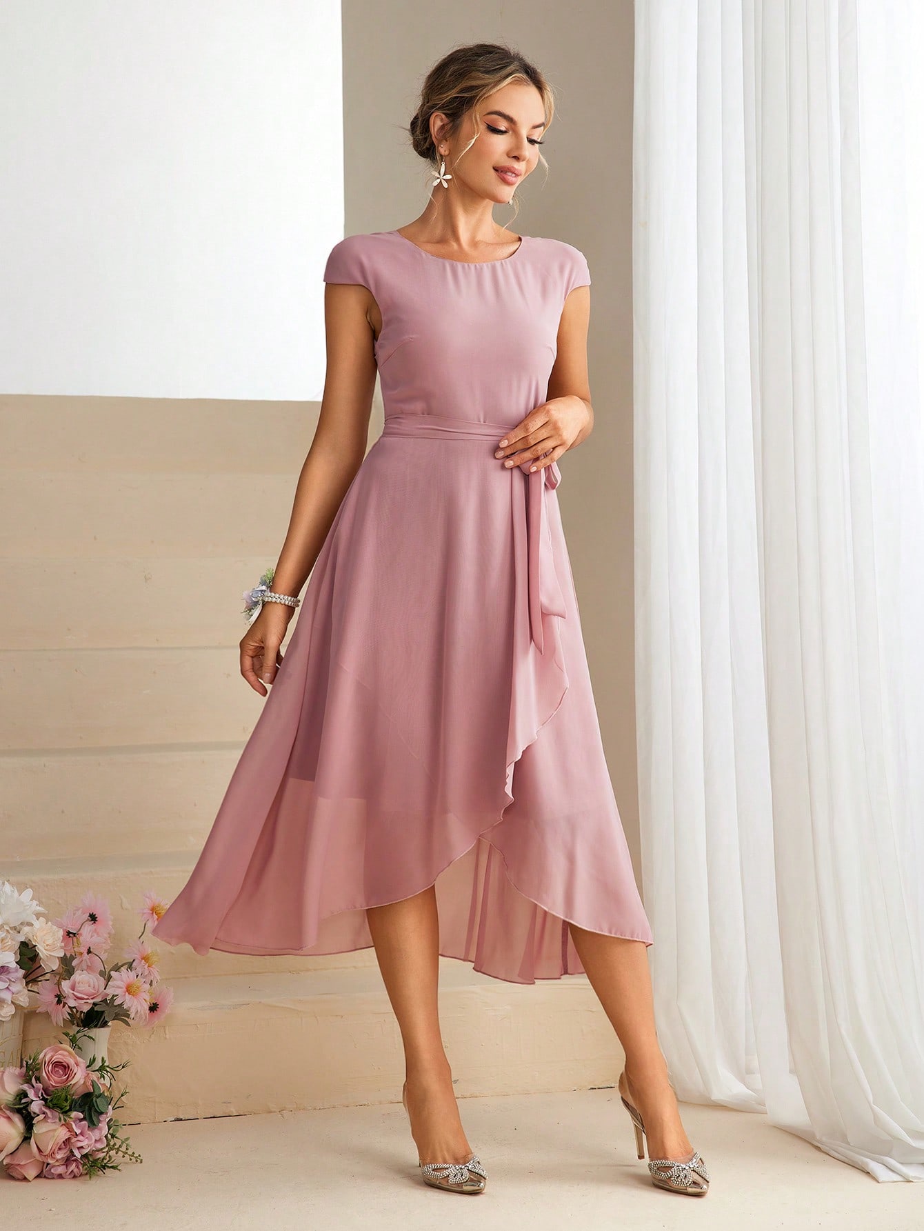 Belle Women's Round Neckline Cap Sleeve Asymmetrical Hem Bridesmaid Dress