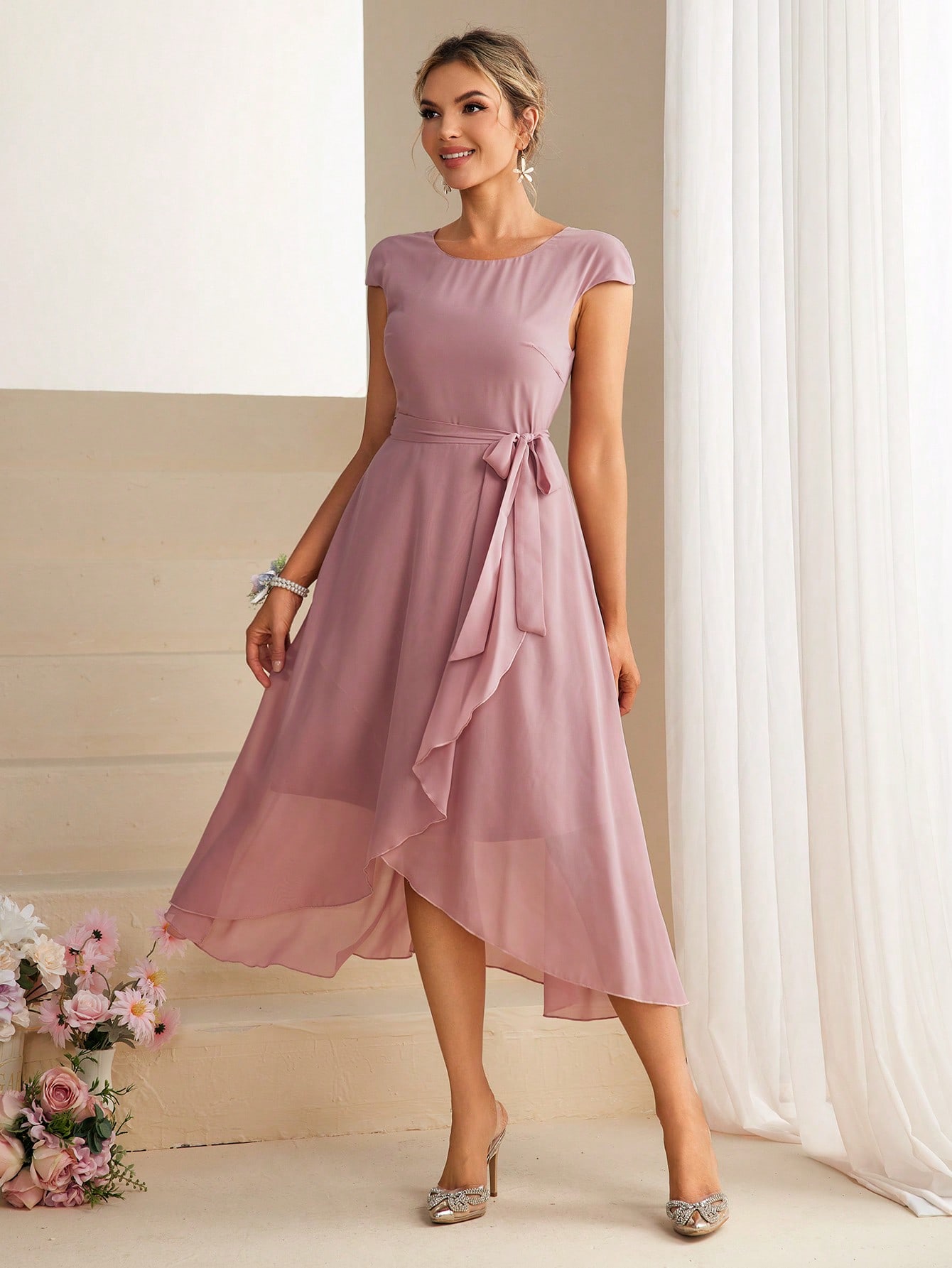 Belle Women's Round Neckline Cap Sleeve Asymmetrical Hem Bridesmaid Dress