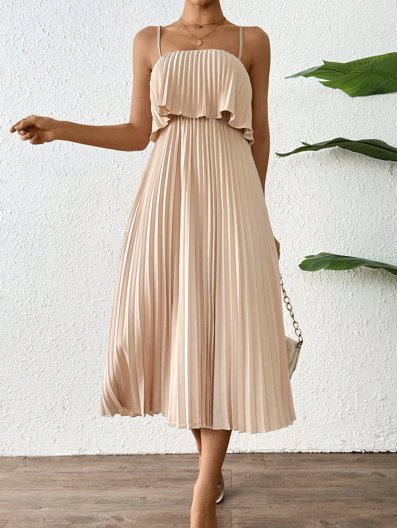 Solid Color Pleated Woven Cami Dress