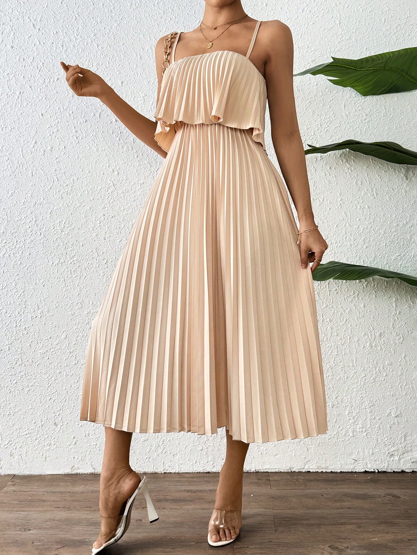 Solid Color Pleated Woven Cami Dress