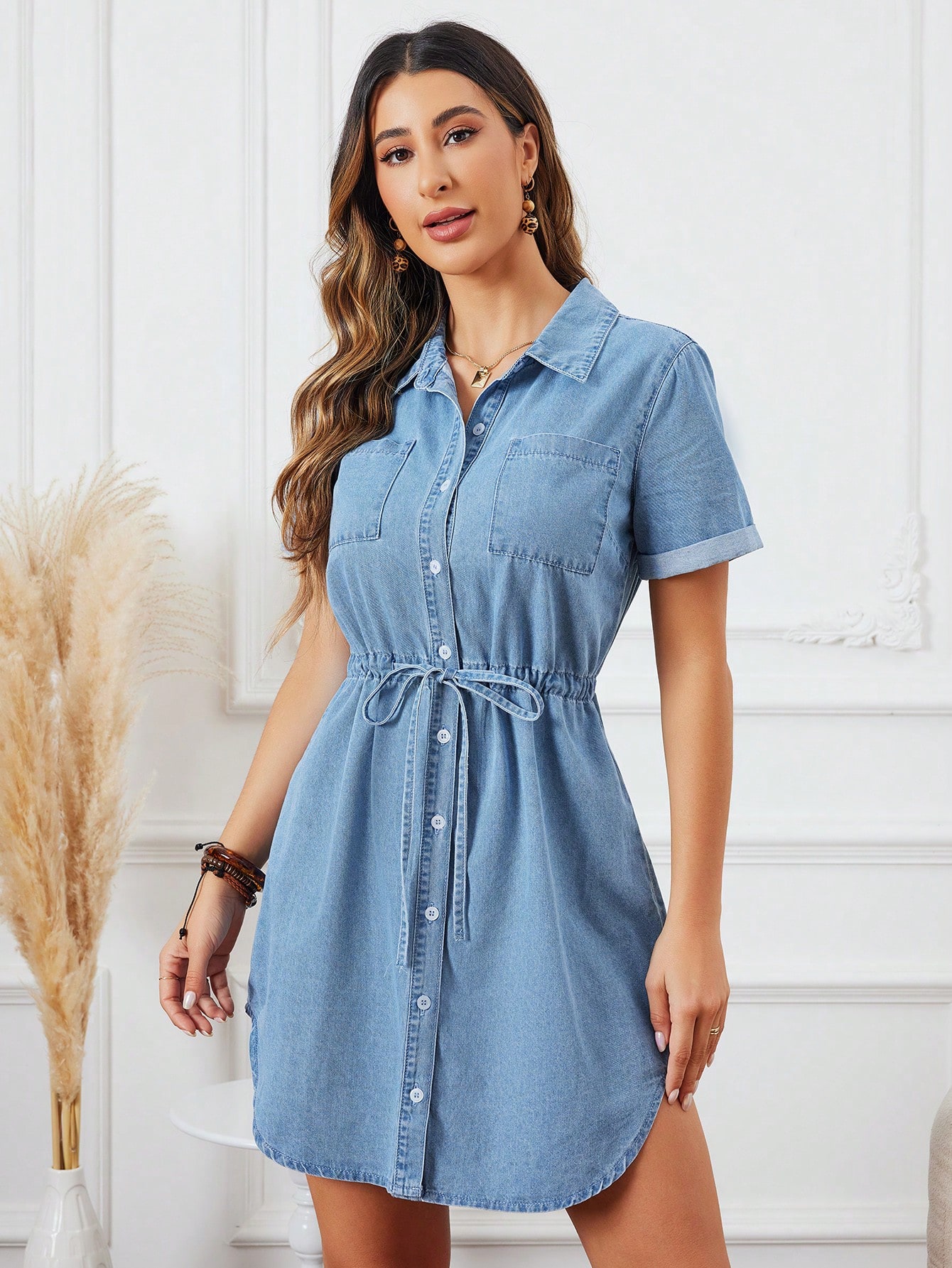 Women's Short Sleeve Denim Shirt Dress