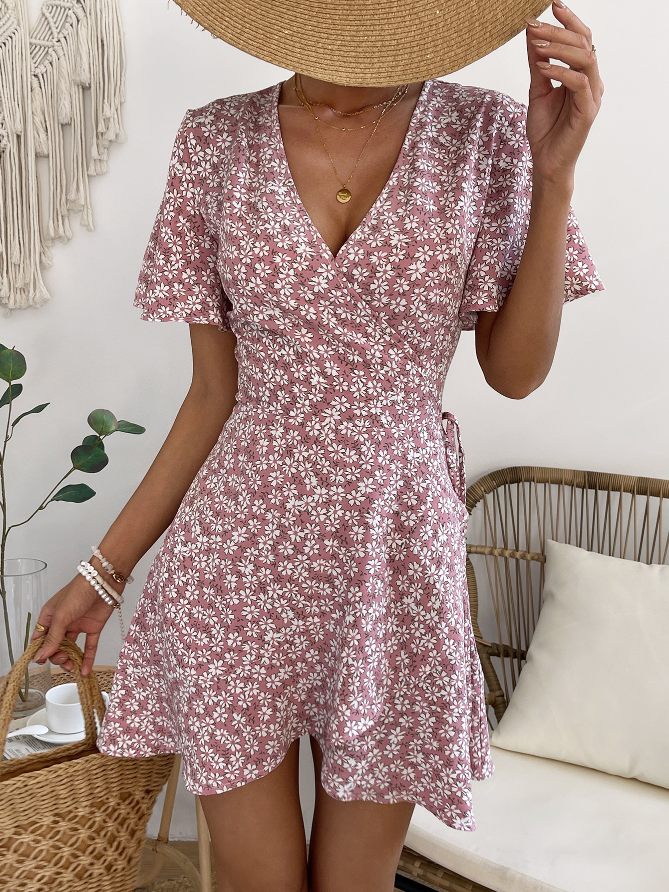 Ditsy Floral Print Knot Side Wrap Dress