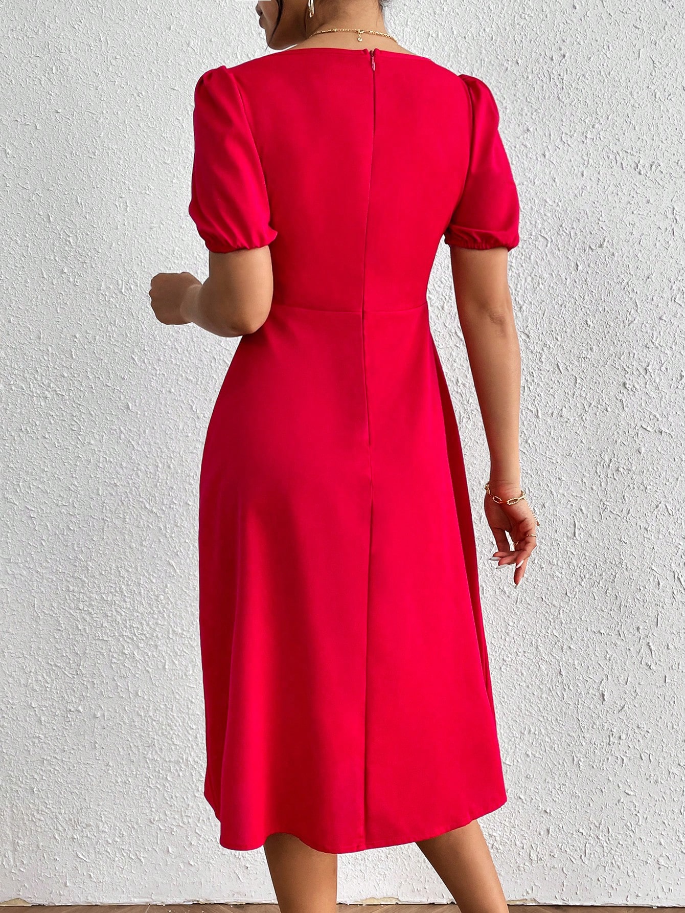 Pleated Puff Sleeve Slit Front Dress