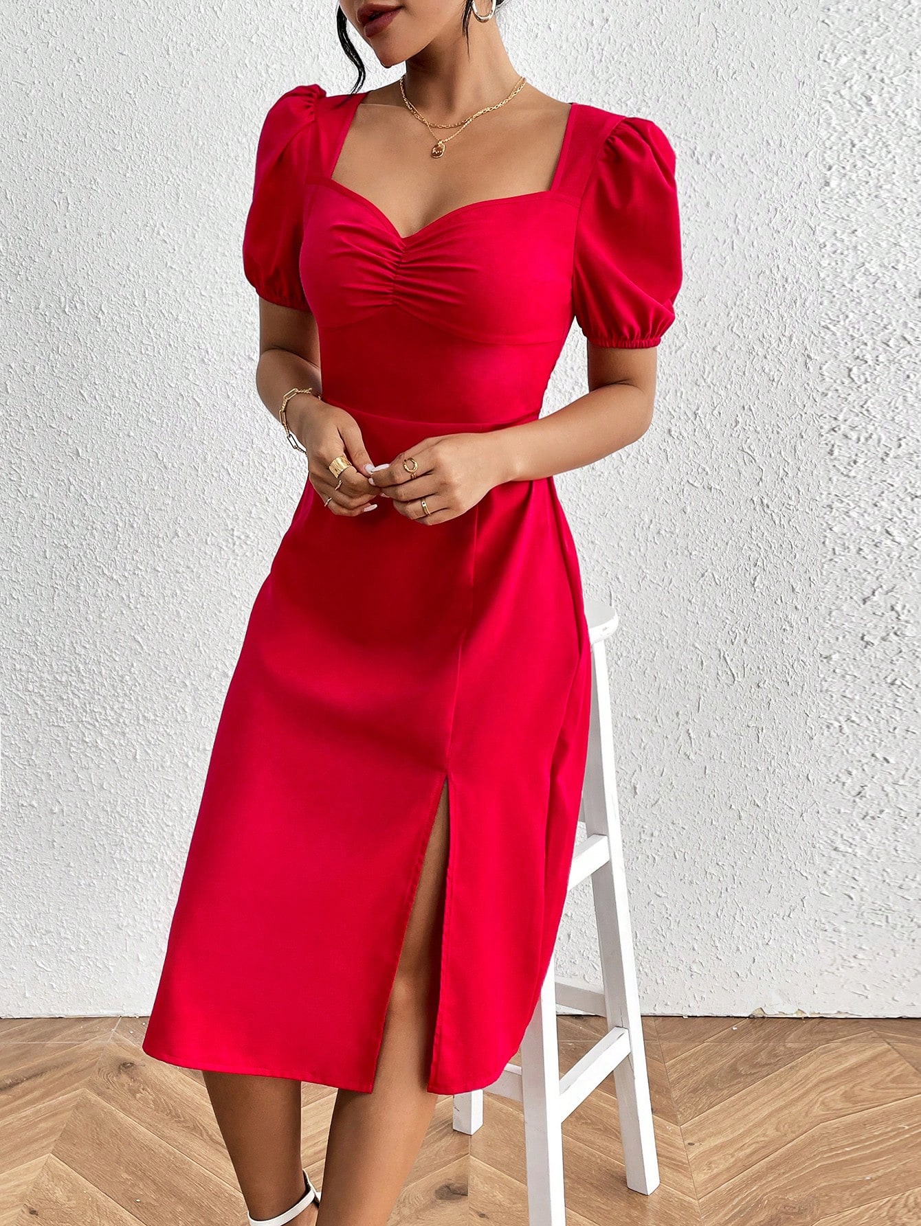 Pleated Puff Sleeve Slit Front Dress