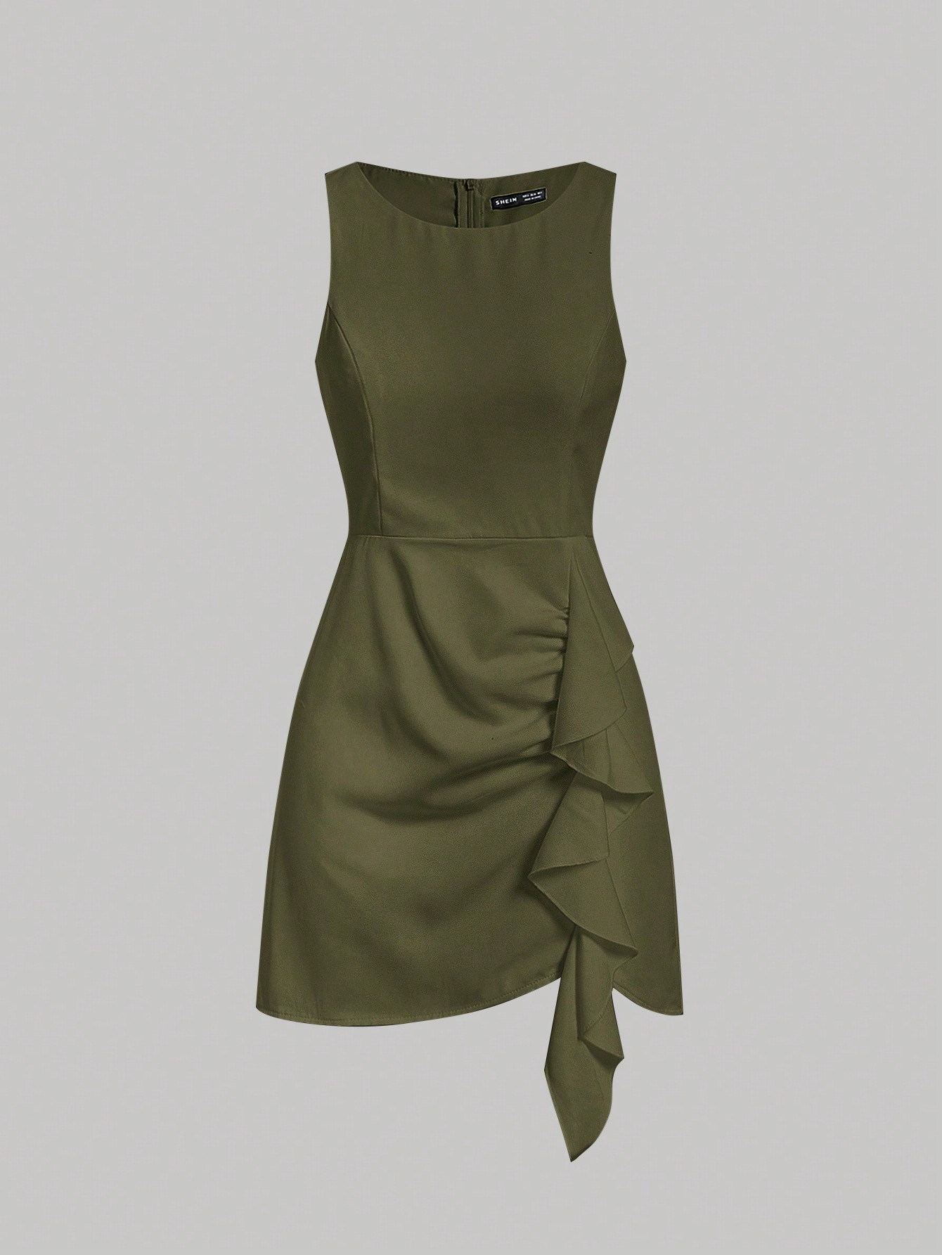 MOD Women's -Green Solid Color Sleeveless Dress With Ruffled Hem And Decorative Band