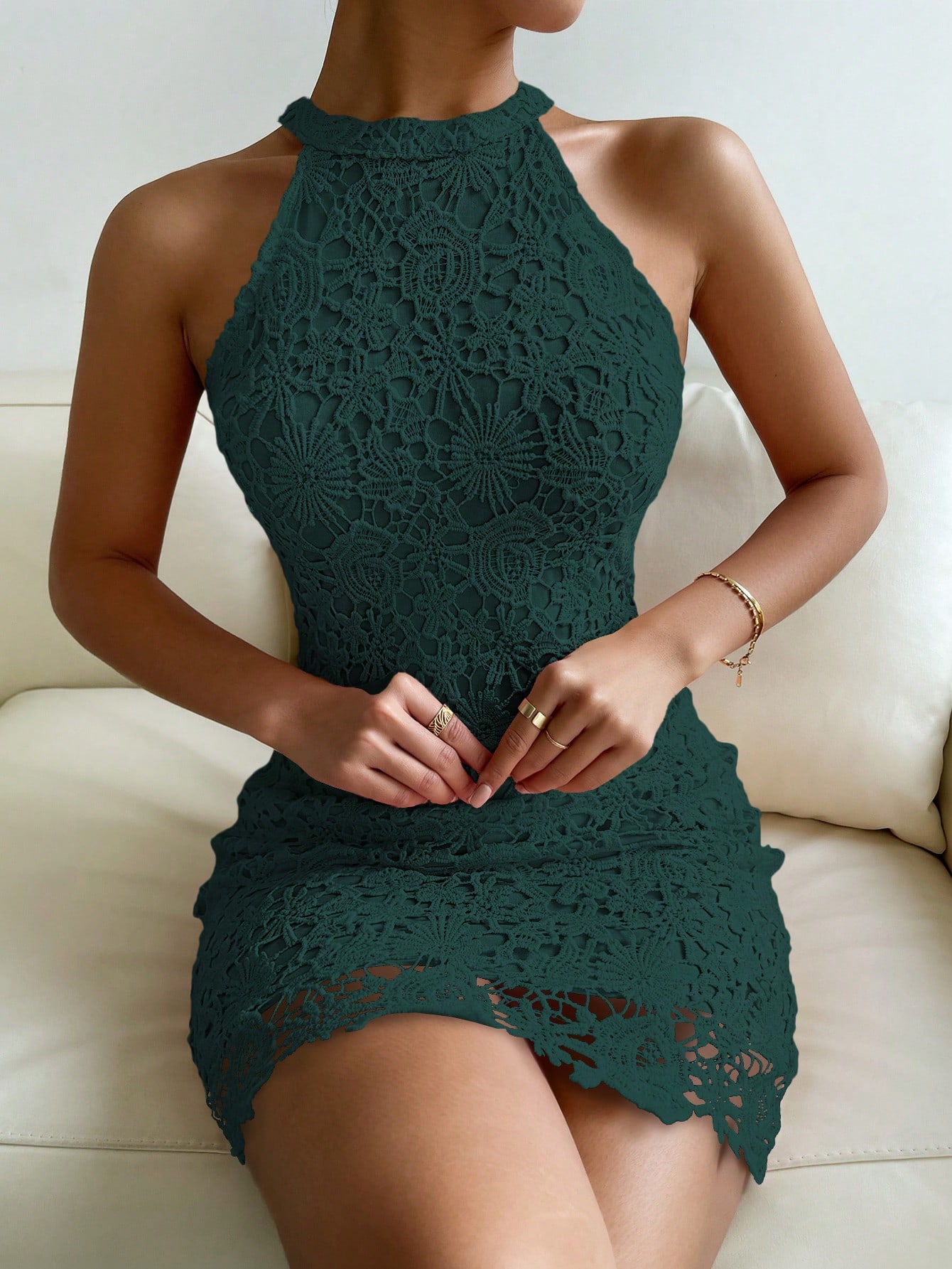 Guipure Lace Halter Neck Bodycon Dress