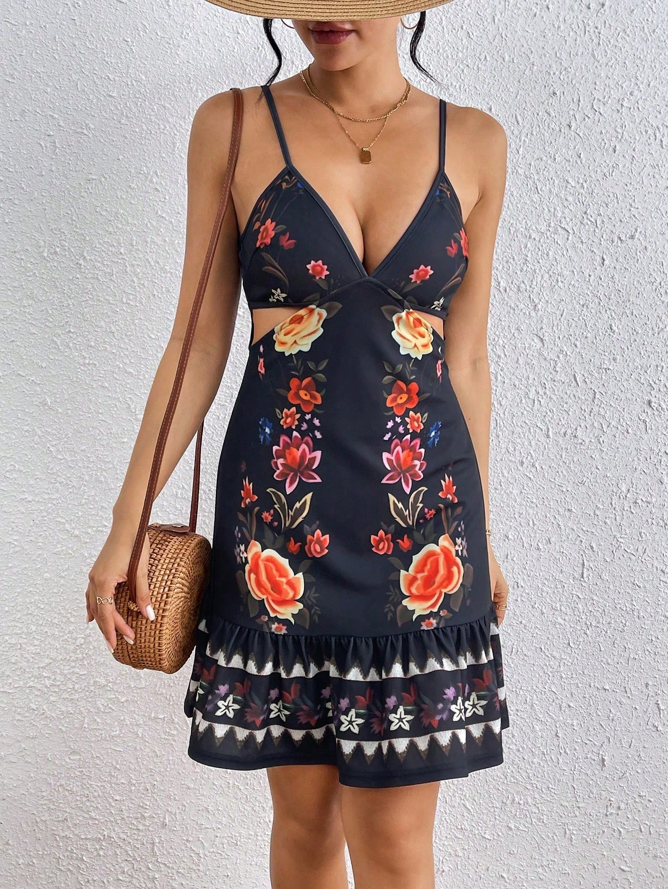 Women's Spaghetti Strap V-Neck Floral Print Hollow Out Dress