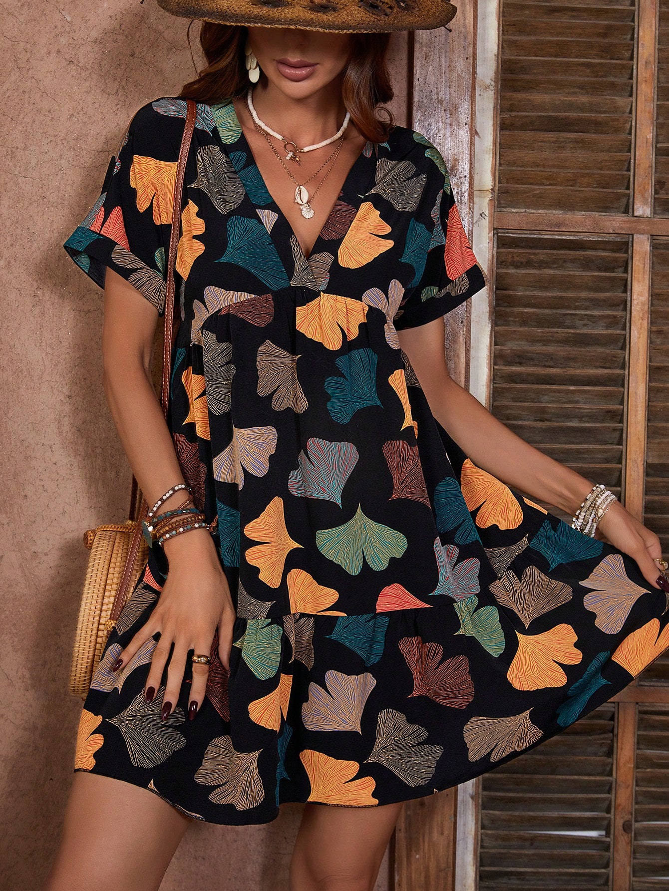 Short Sleeve Women's Ginkgo Leaf Dress