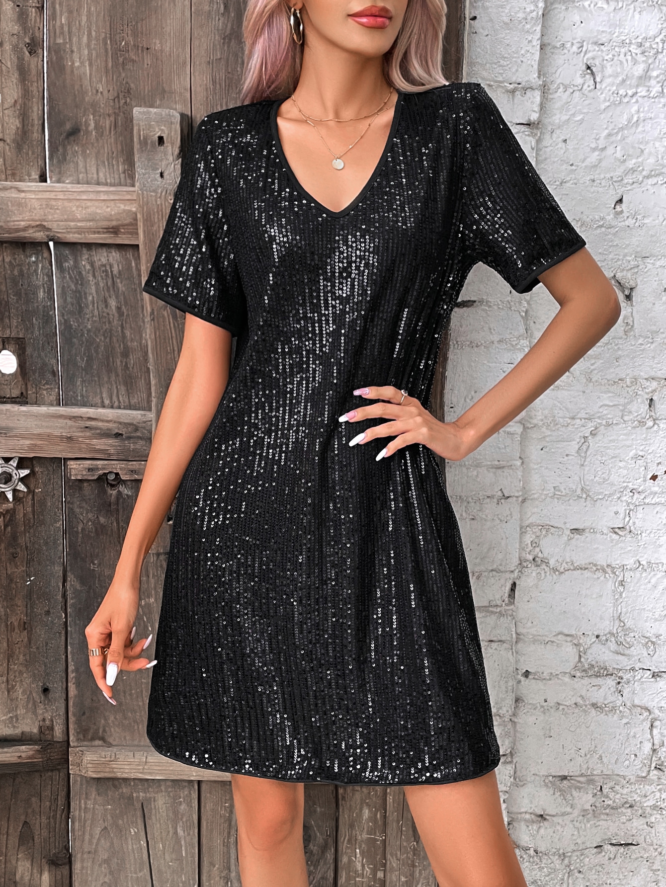 V Neck Sequin Dress Without Belt