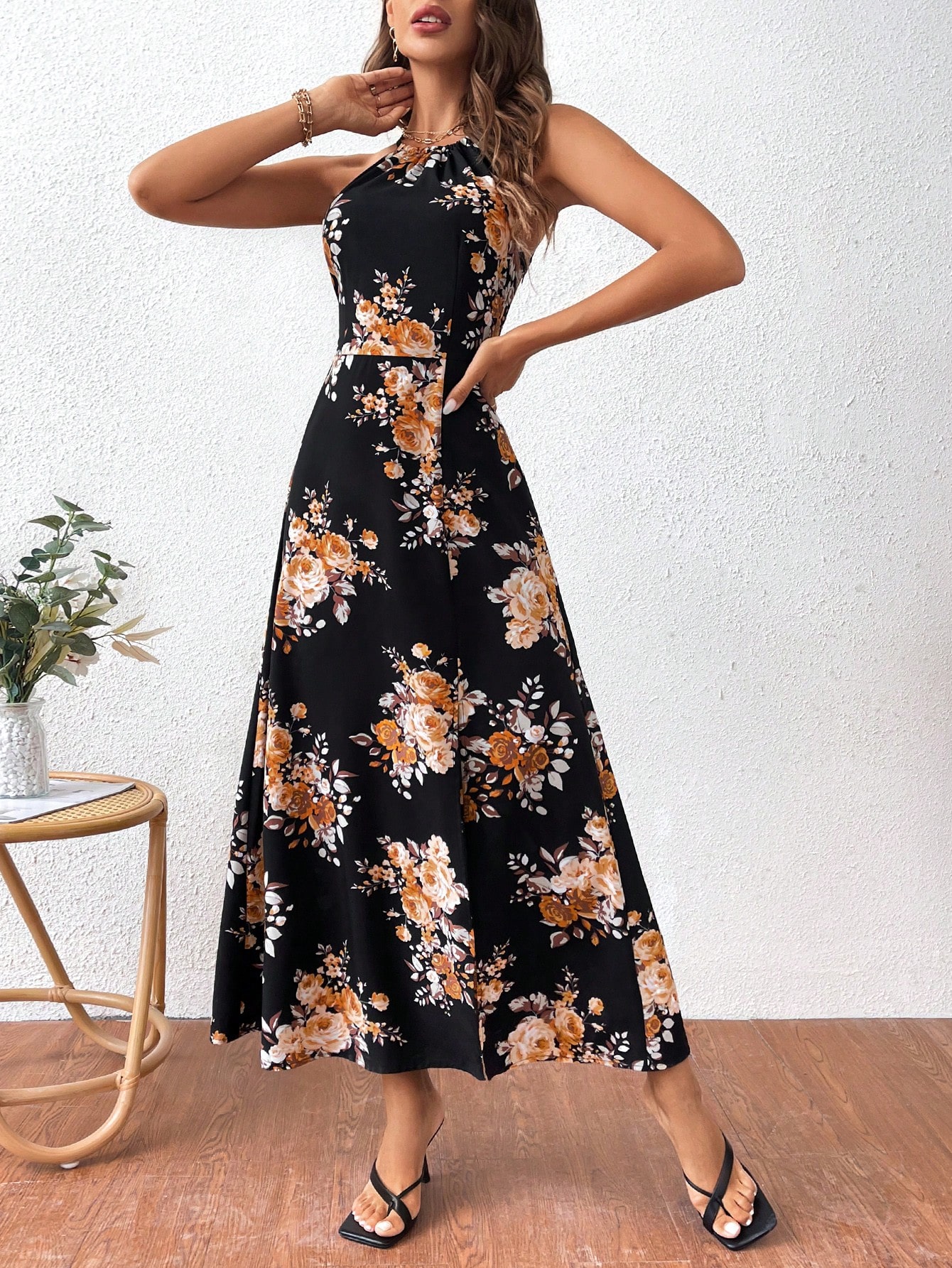 Summer Valentine, Floral Print Side Slit Halter Neck Elegant And Romantic Dress