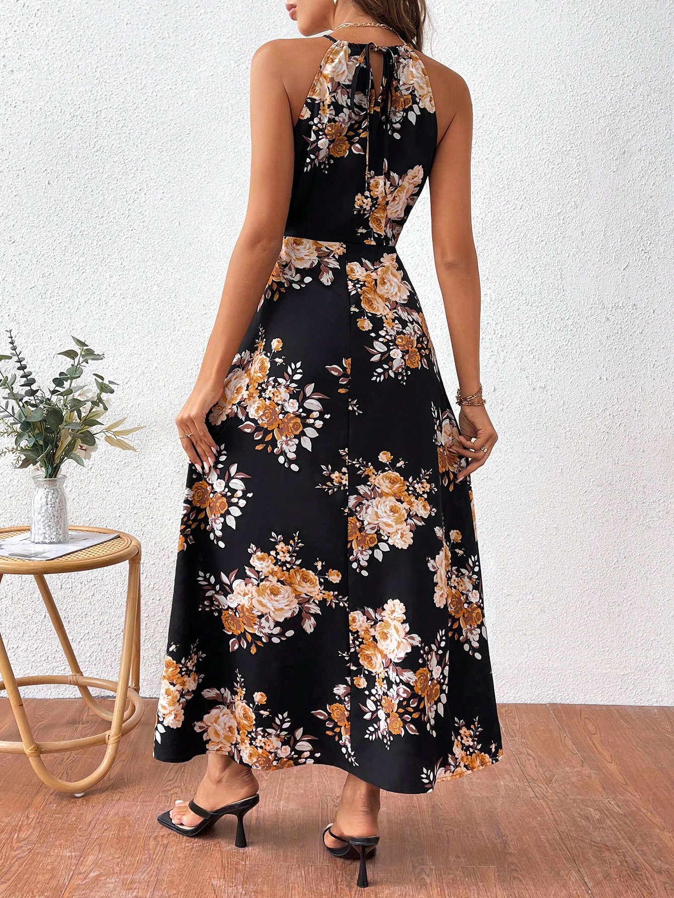 Summer Valentine, Floral Print Side Slit Halter Neck Elegant And Romantic Dress