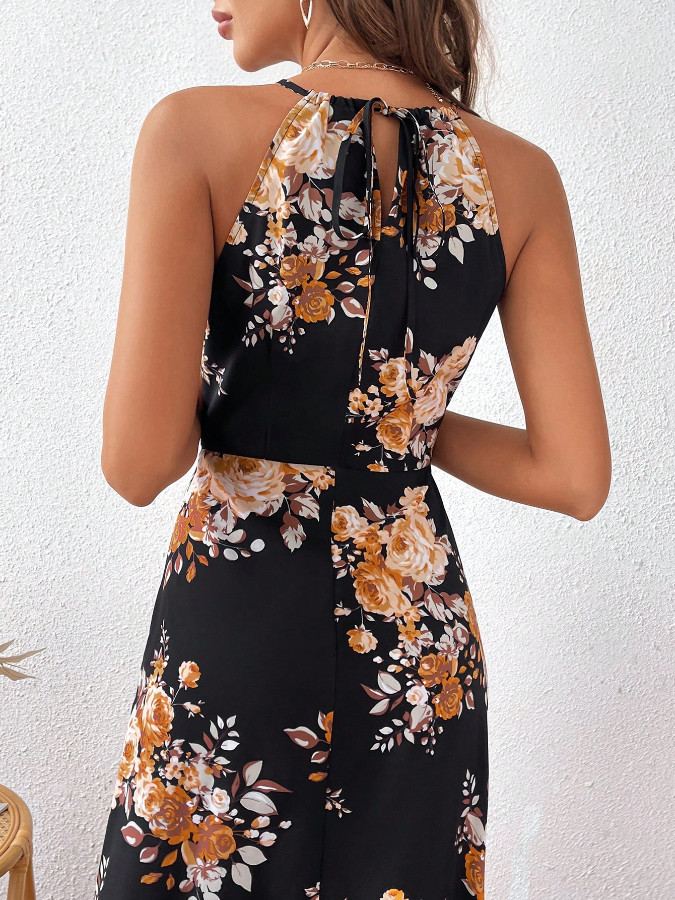 Summer Valentine, Floral Print Side Slit Halter Neck Elegant And Romantic Dress