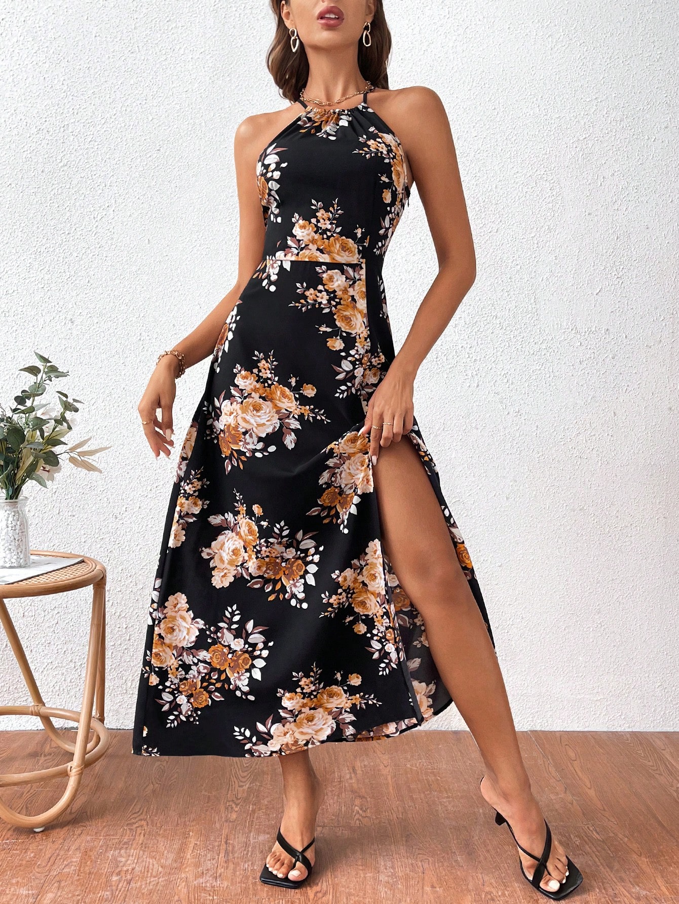 Summer Valentine, Floral Print Side Slit Halter Neck Elegant And Romantic Dress