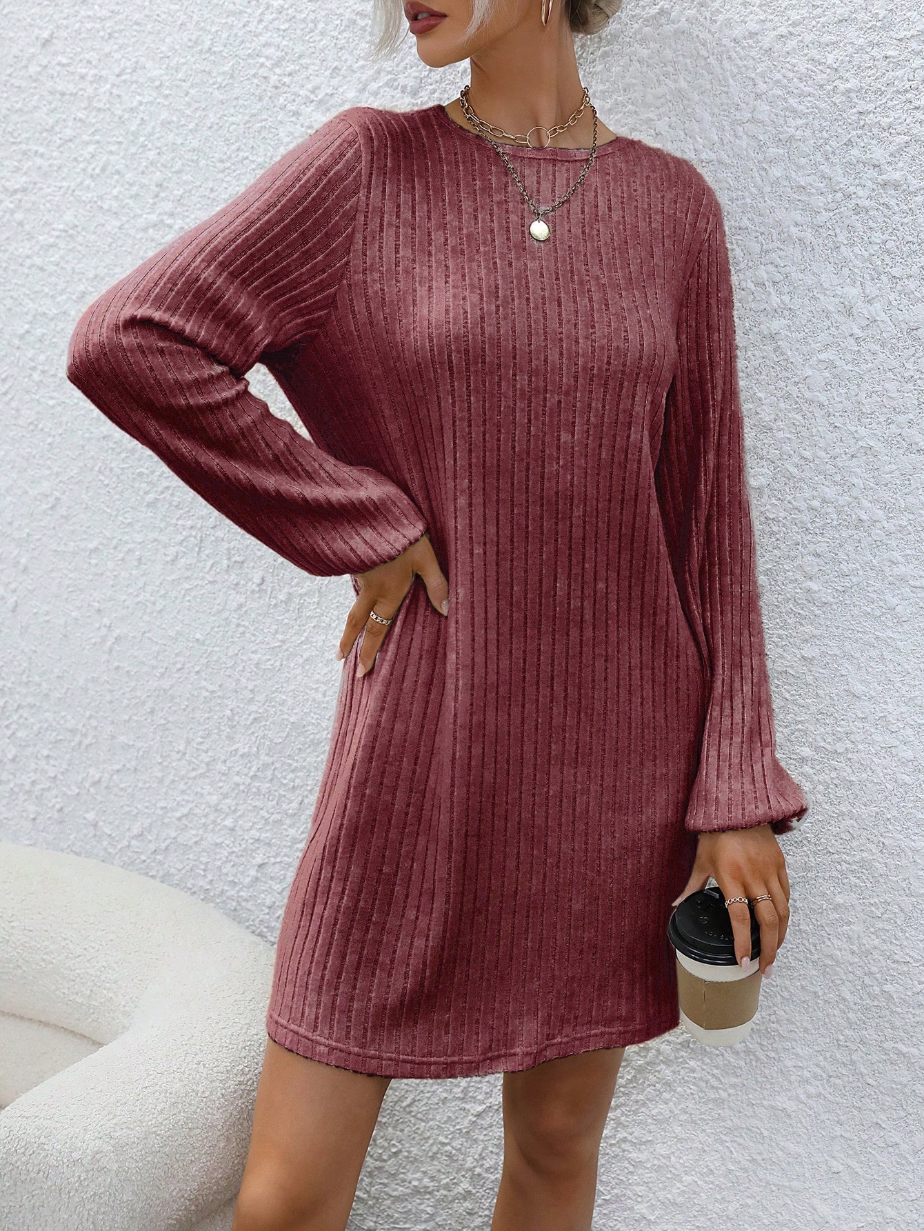 Ladies' Solid Color Ribbed Knit Lantern Sleeve Dress