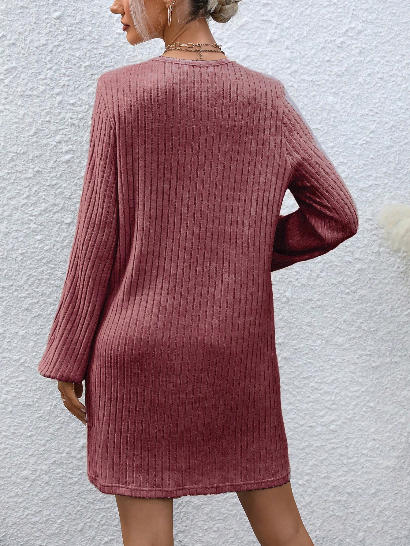 Ladies' Solid Color Ribbed Knit Lantern Sleeve Dress