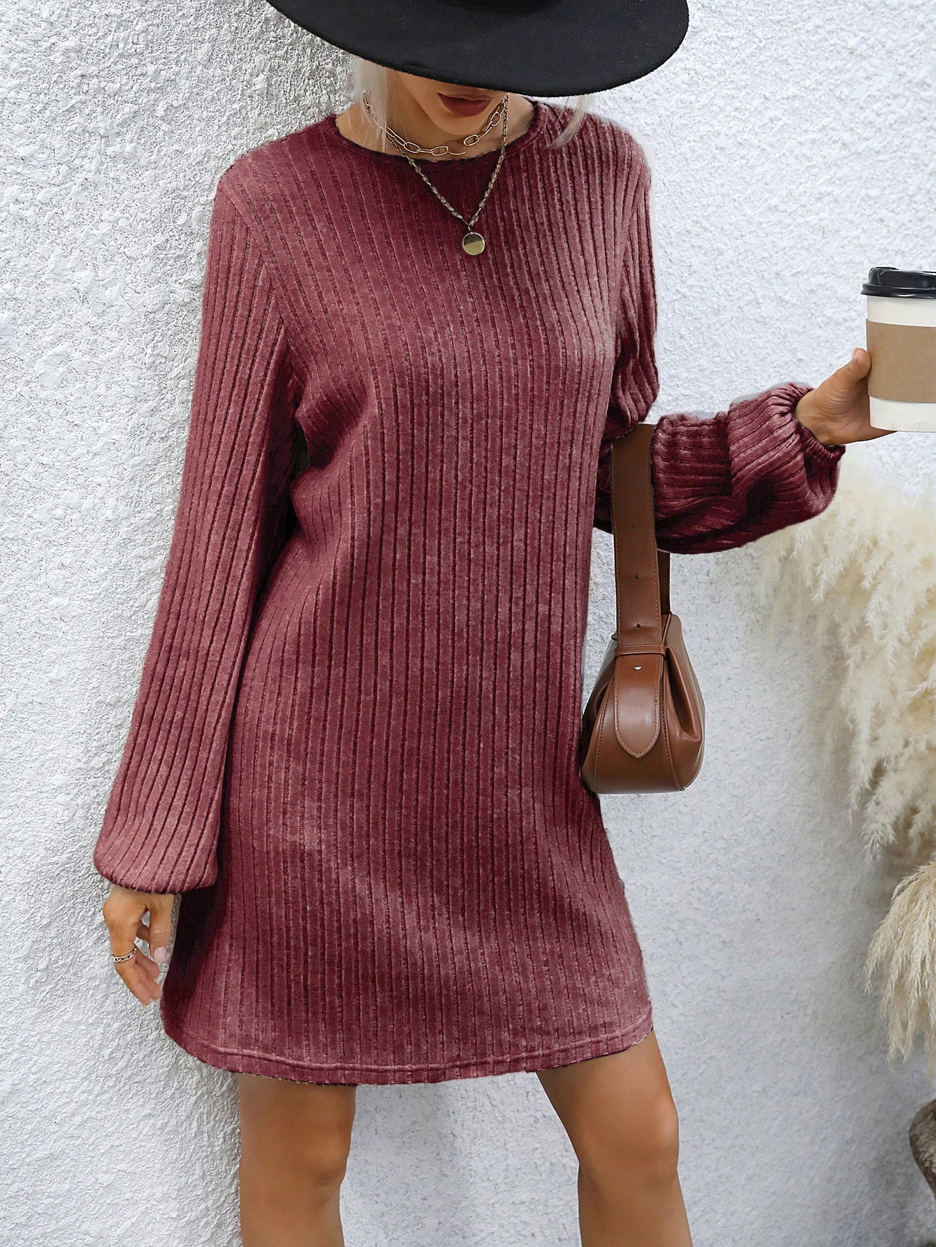 Ladies' Solid Color Ribbed Knit Lantern Sleeve Dress