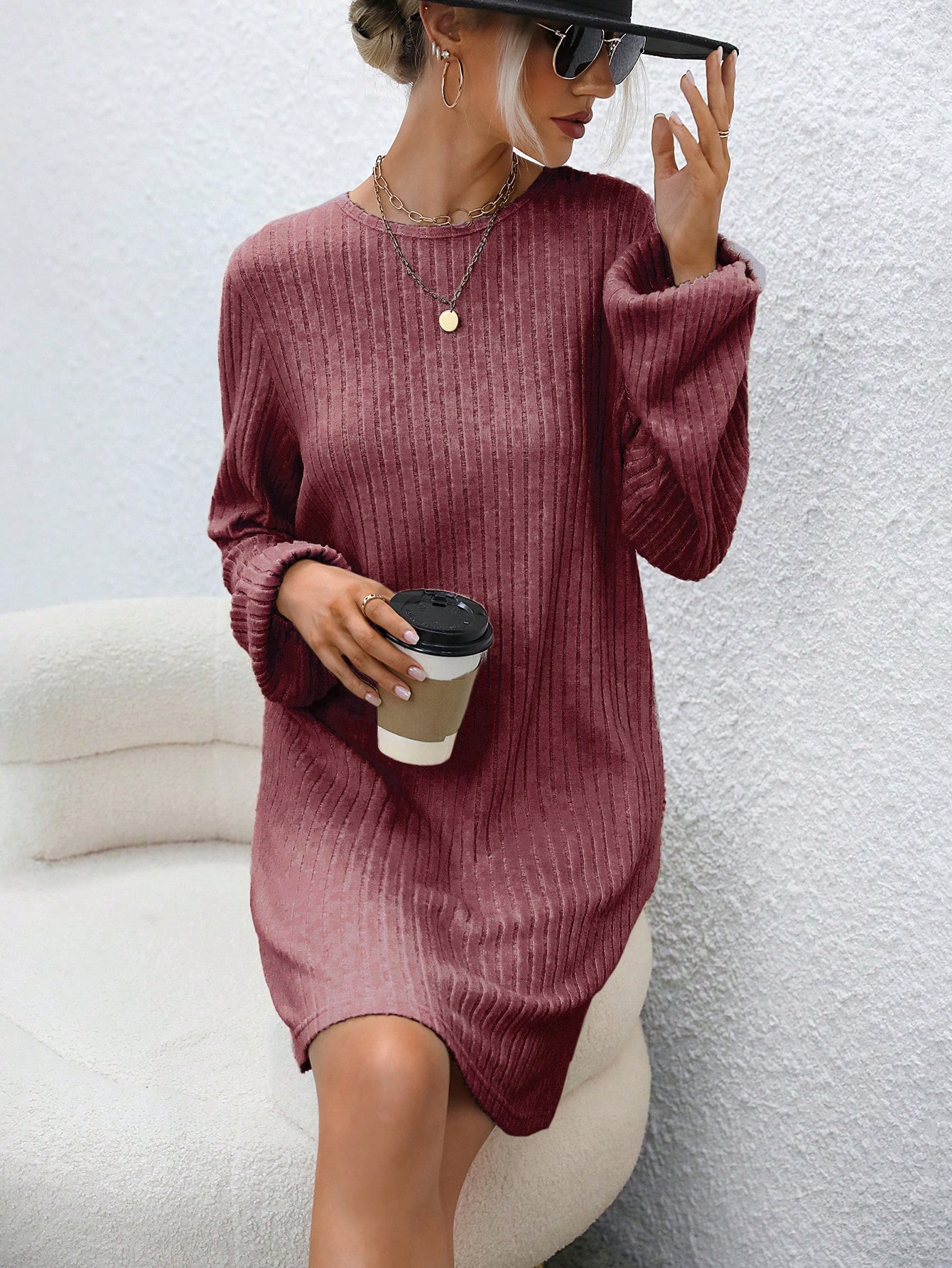 Ladies' Solid Color Ribbed Knit Lantern Sleeve Dress