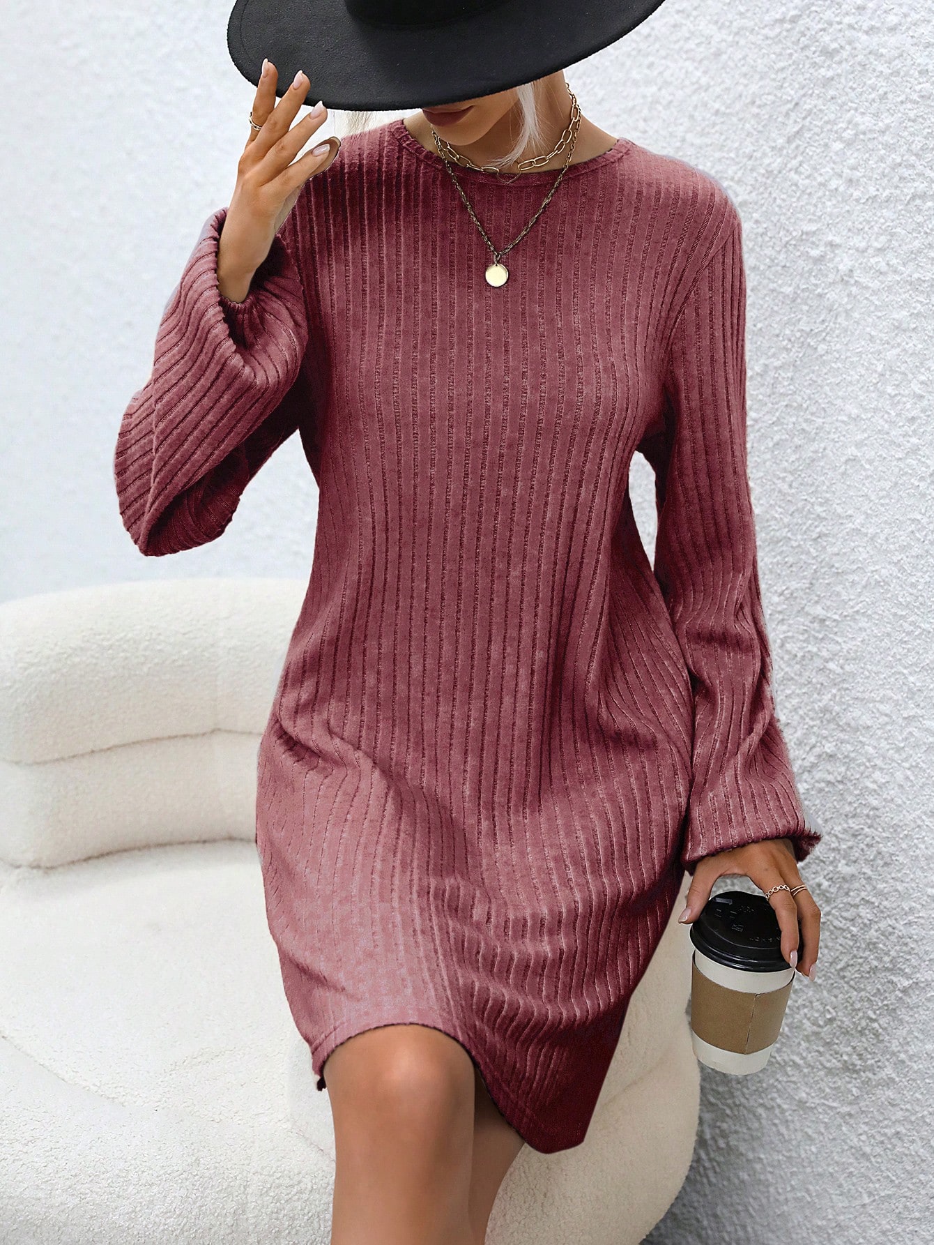 Ladies' Solid Color Ribbed Knit Lantern Sleeve Dress