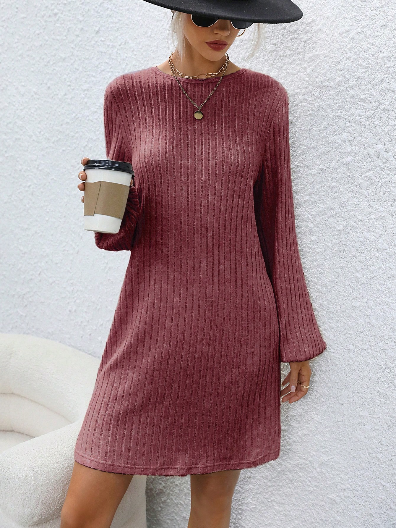 Ladies' Solid Color Ribbed Knit Lantern Sleeve Dress