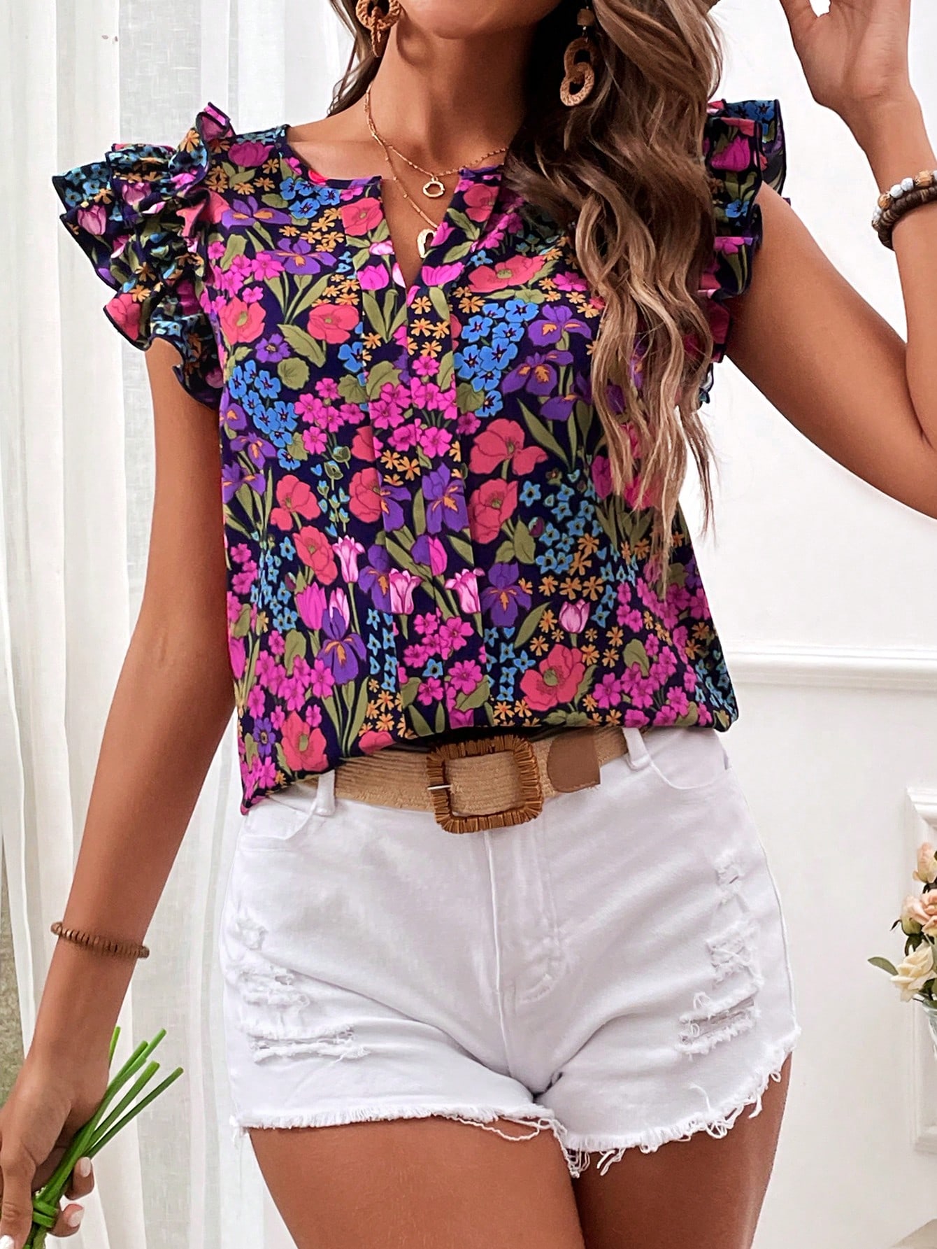 Women's Summer Holiday Floral Print Short Sleeve Blouse