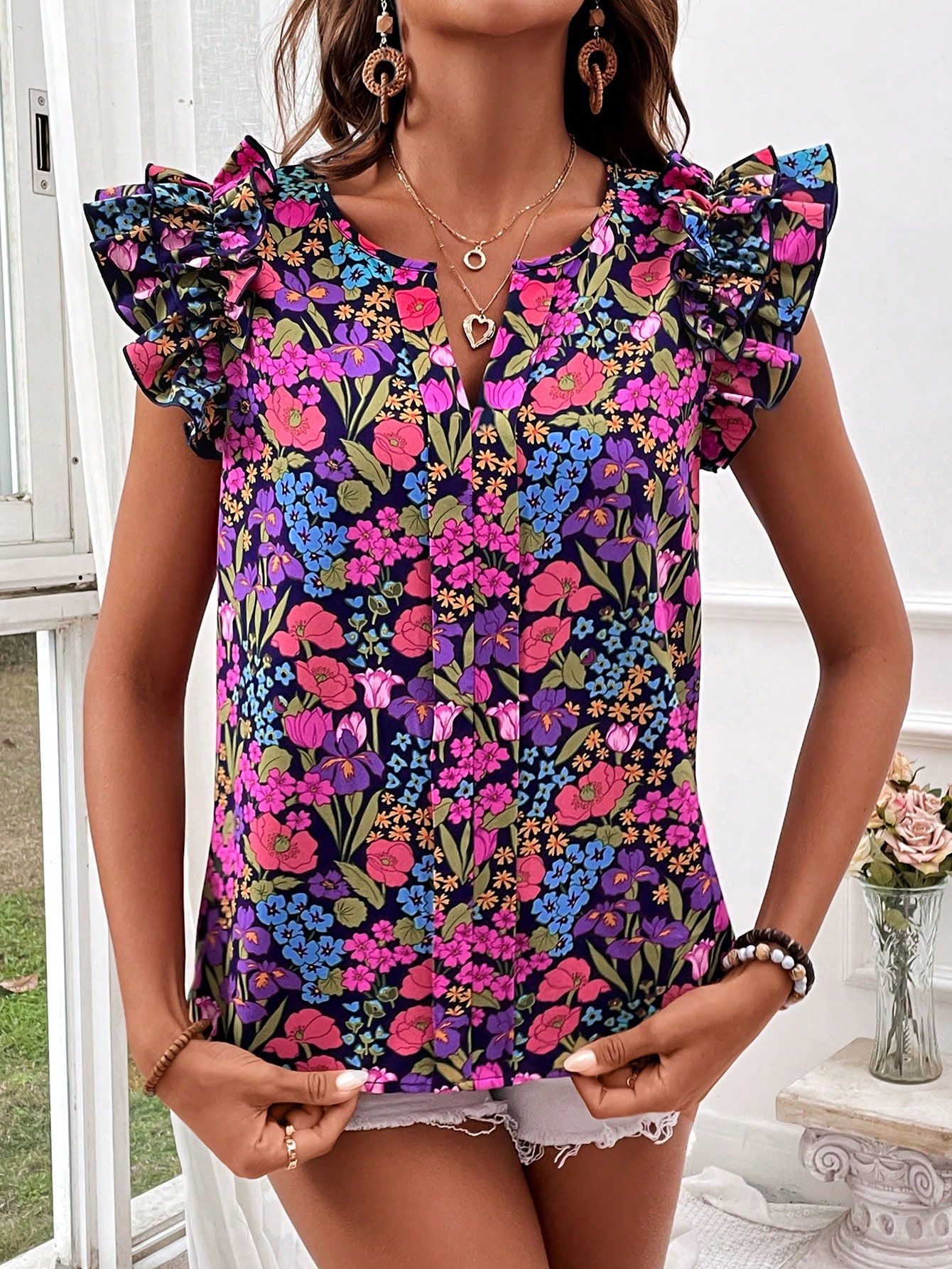 Women's Summer Holiday Floral Print Short Sleeve Blouse