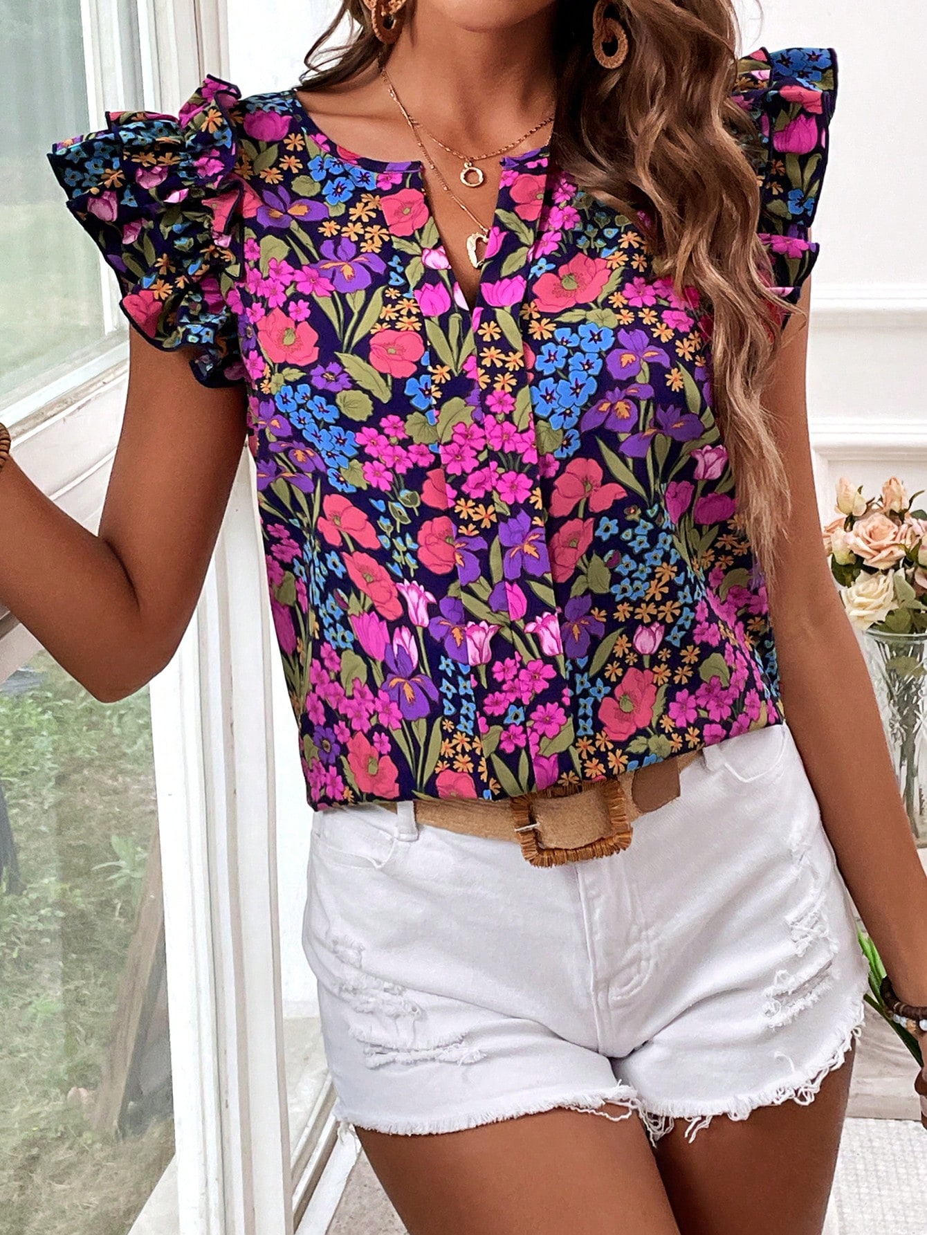 Women's Summer Holiday Floral Print Short Sleeve Blouse