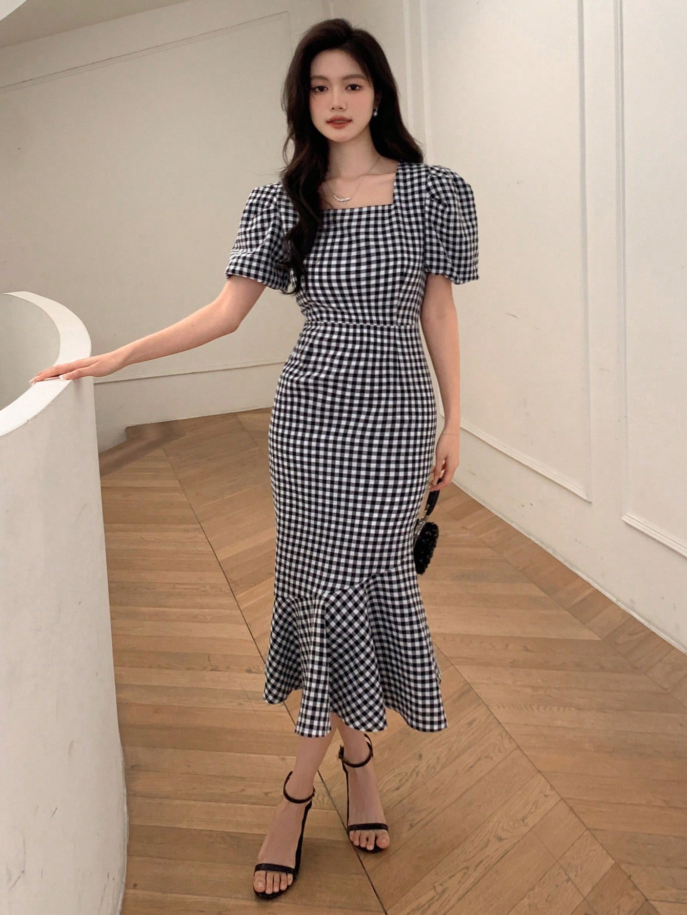 Summer Casual Checked Pattern Square Neck High Low Hem Midi Dress