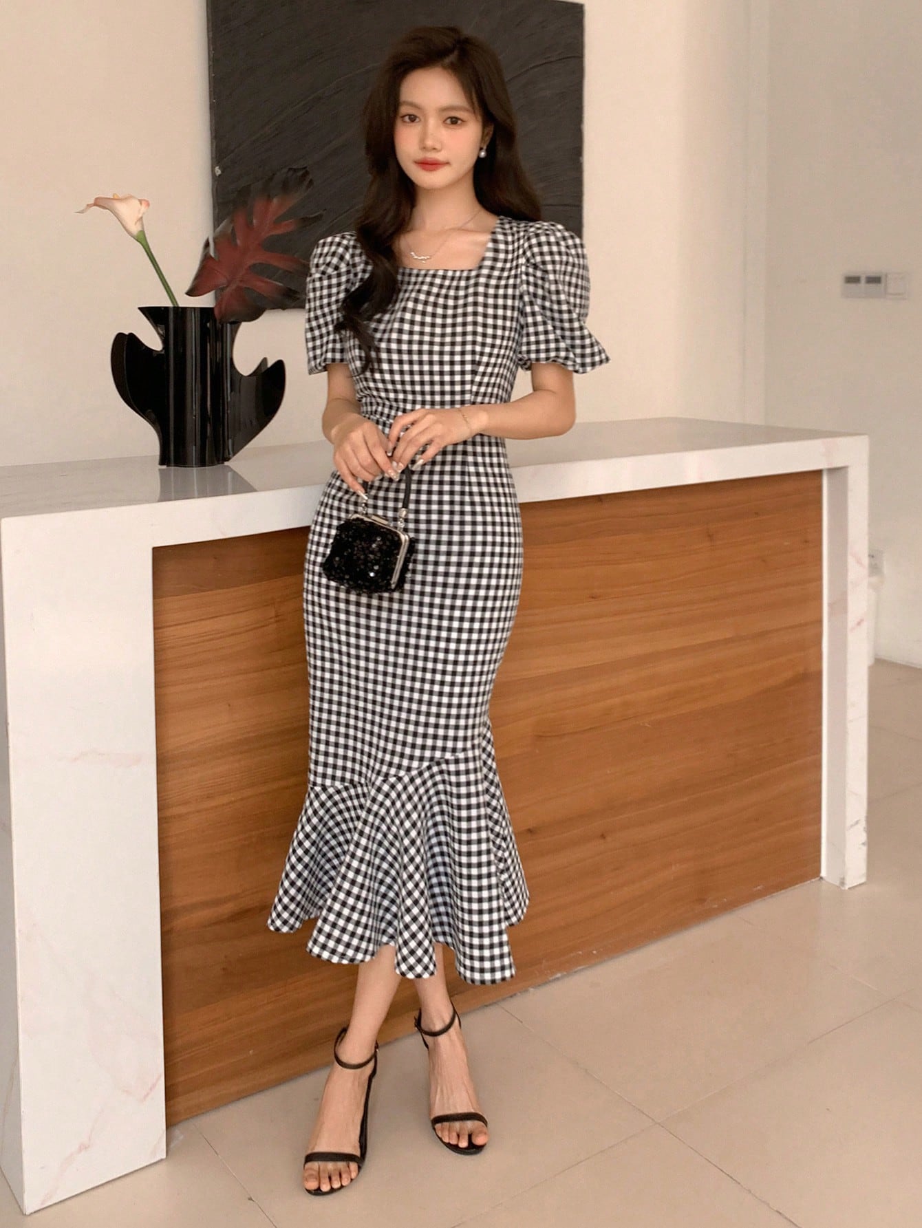 Summer Casual Checked Pattern Square Neck High Low Hem Midi Dress