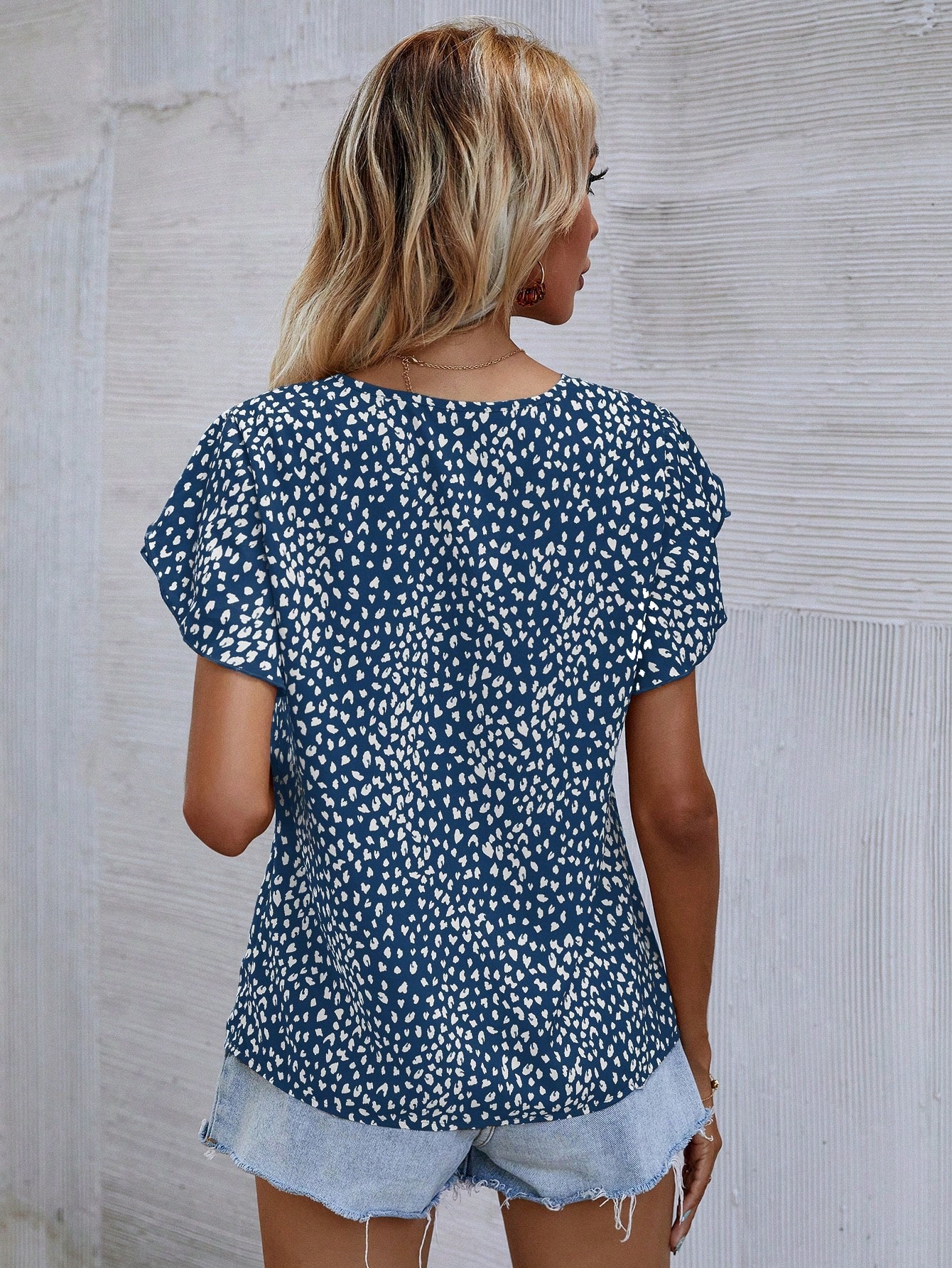 Allover Print Petal Sleeve Blouse