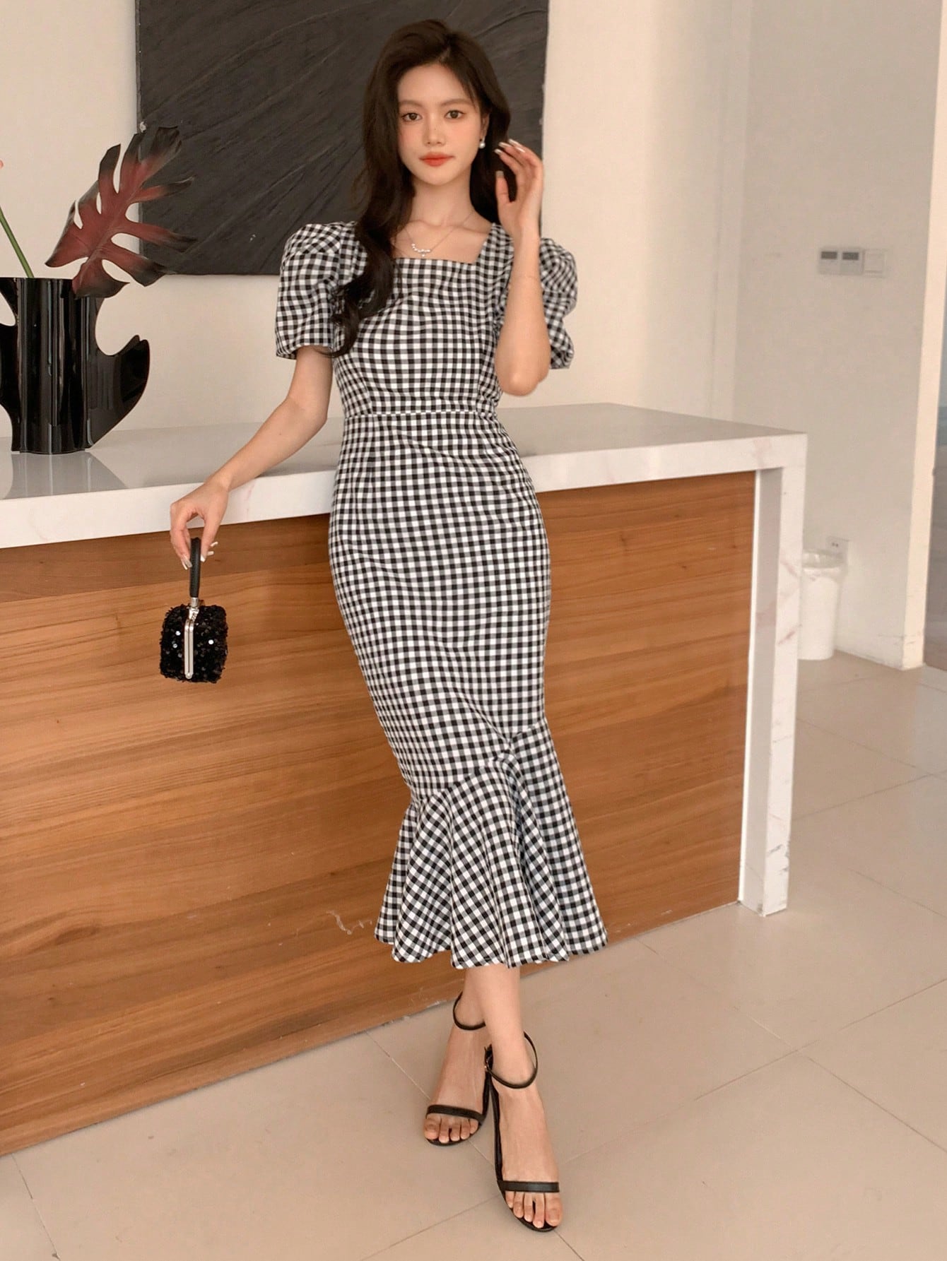 Summer Casual Checked Pattern Square Neck High Low Hem Midi Dress