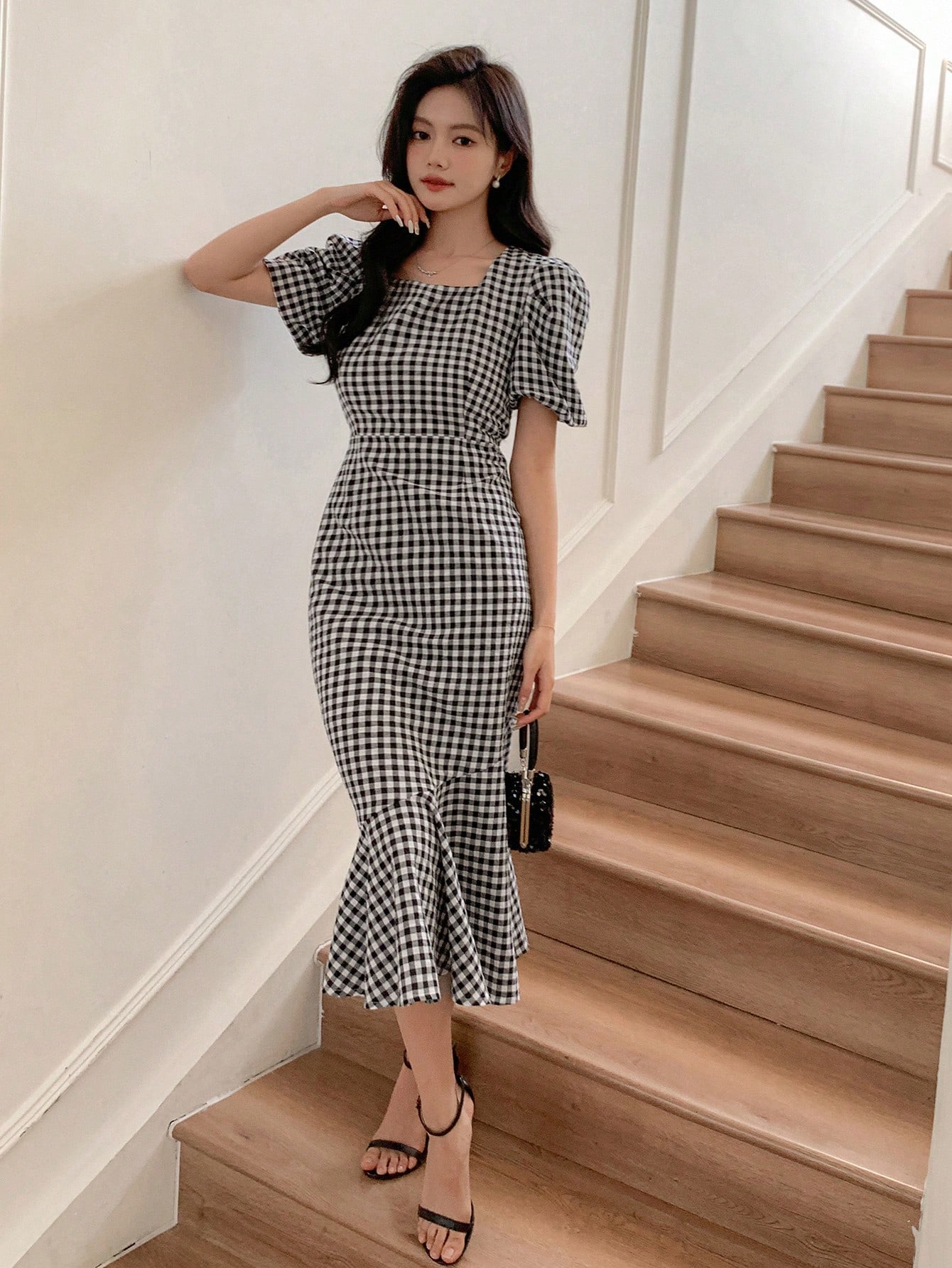 Summer Casual Checked Pattern Square Neck High Low Hem Midi Dress