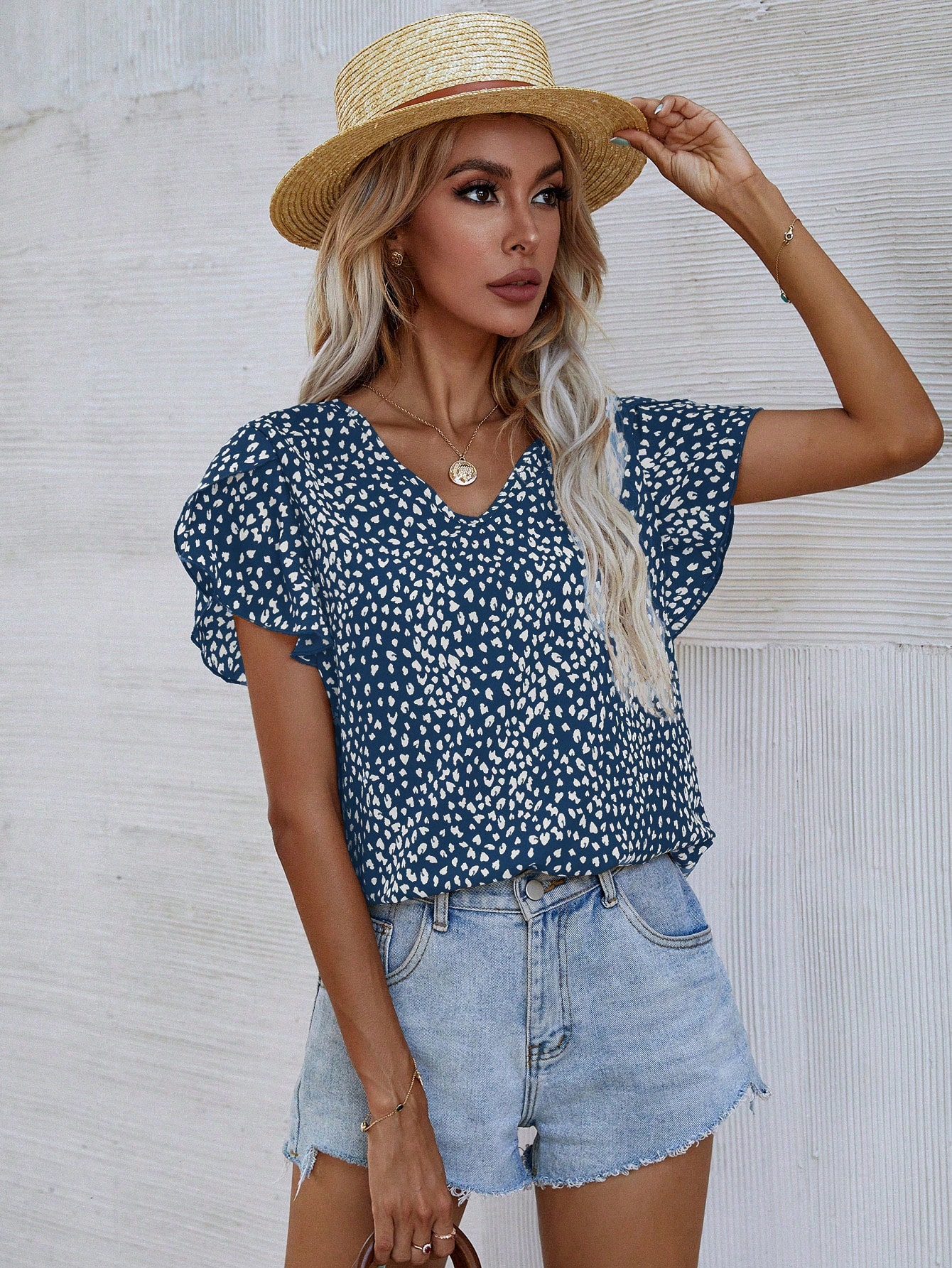 Allover Print Petal Sleeve Blouse