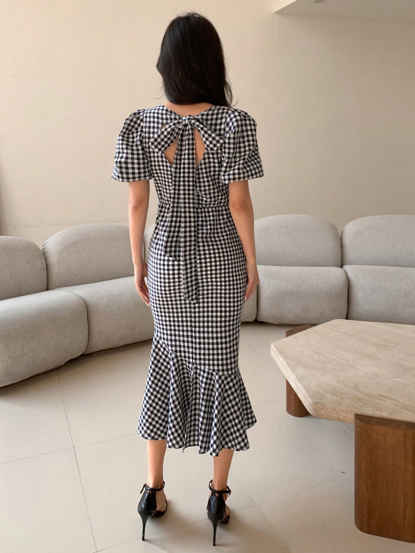 Summer Casual Checked Pattern Square Neck High Low Hem Midi Dress