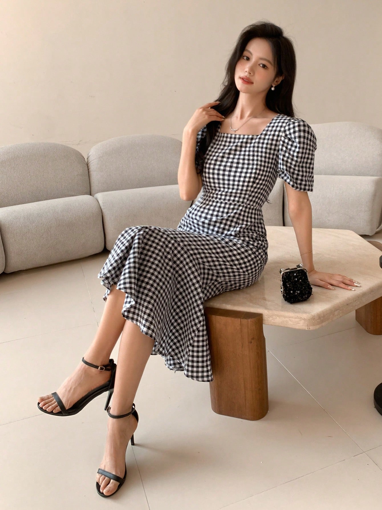 Summer Casual Checked Pattern Square Neck High Low Hem Midi Dress