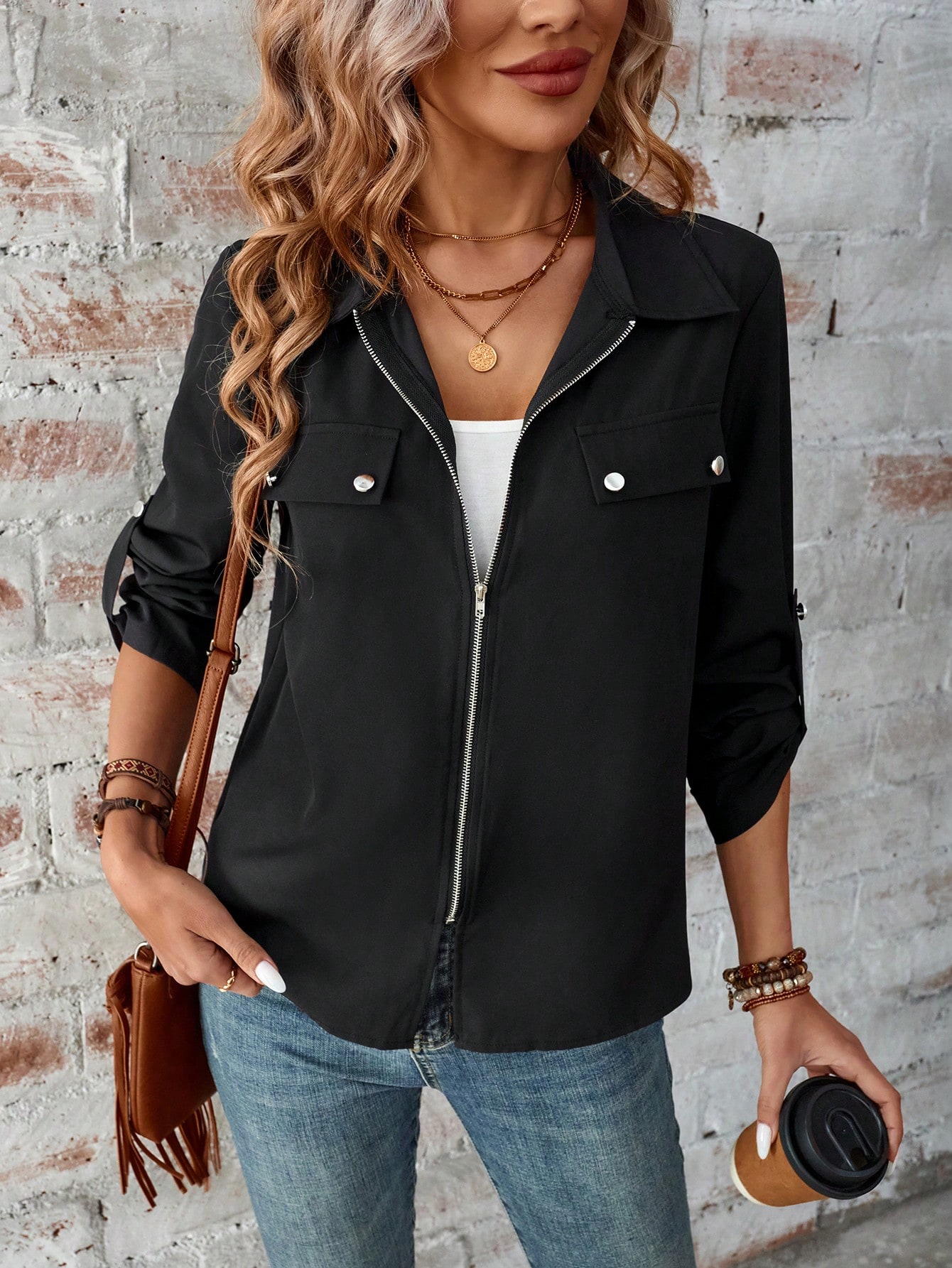 Roll Tab Sleeve Casual Zipper Shirt