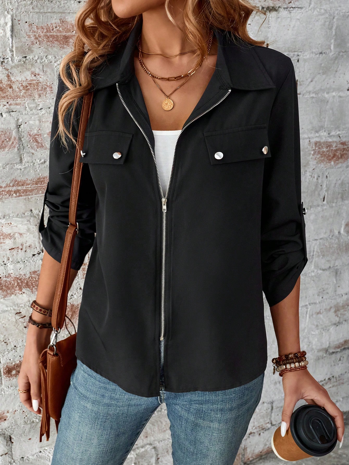 Roll Tab Sleeve Casual Zipper Shirt